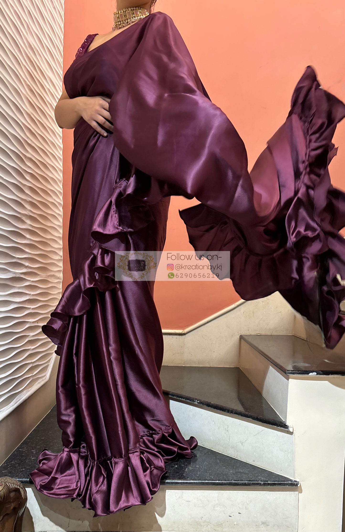 Dark Eggplant Wine Satin Silk Ruffle Saree