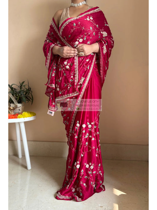 Luxe Cherry Wine Zardozi Jaal Saree Kreation by KJ