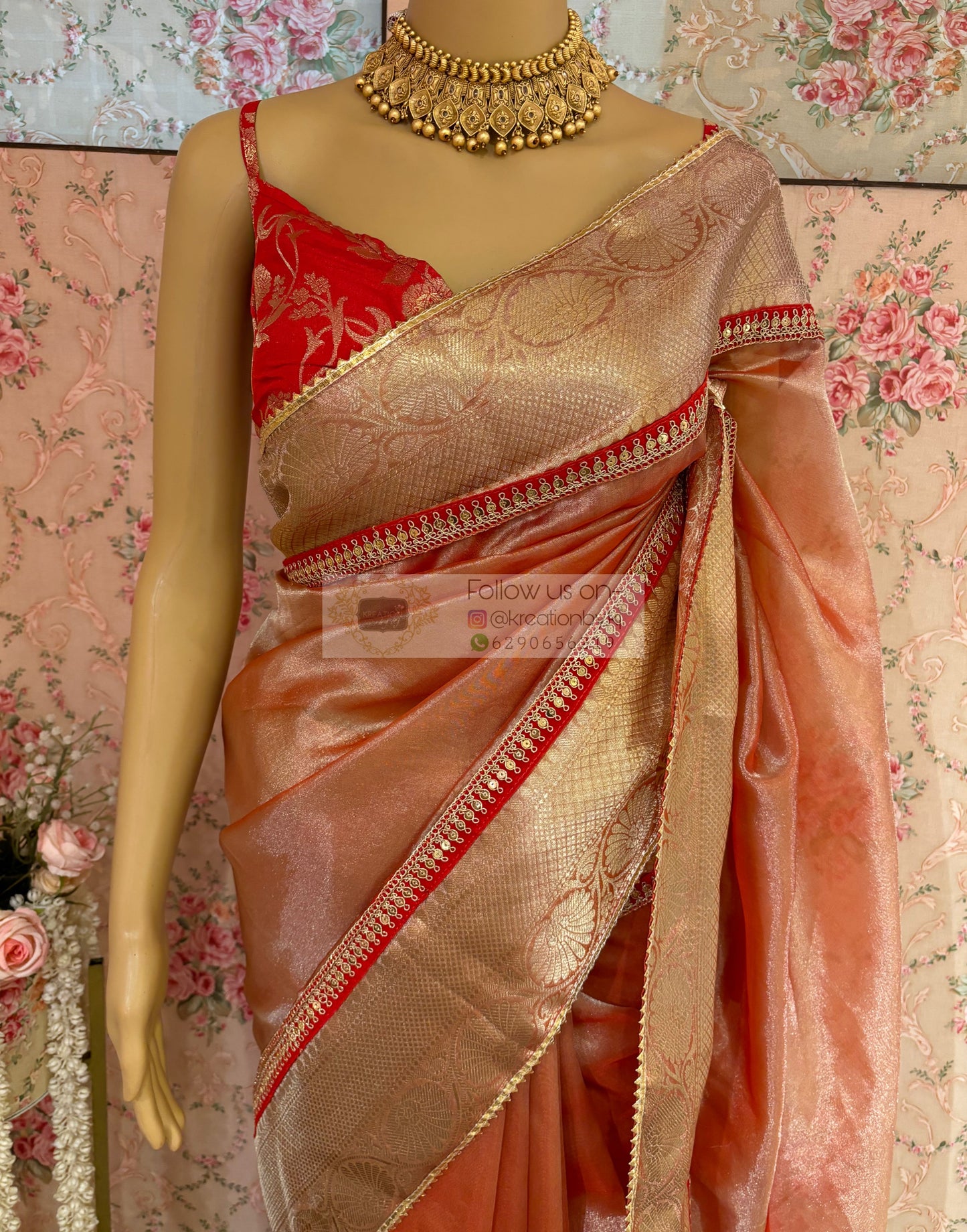 Peach Banarasi Tissue Saree kreationbykj