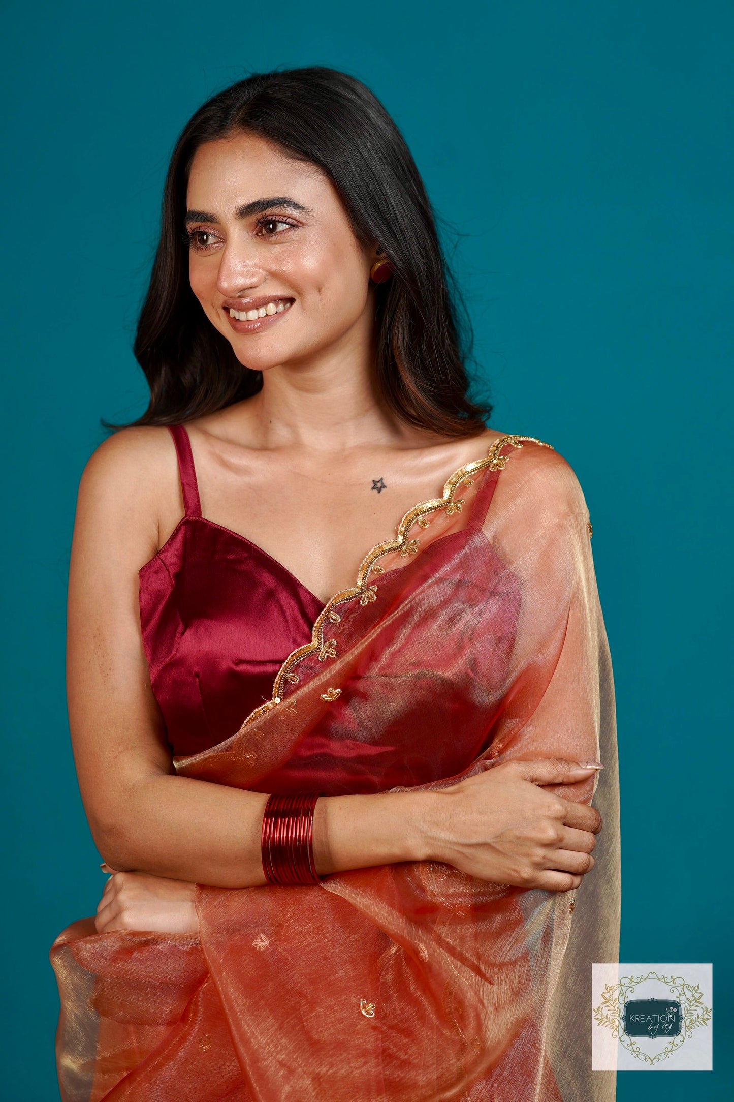Marigold Glass Tissue Sequin Piyali Saree kreationbykj