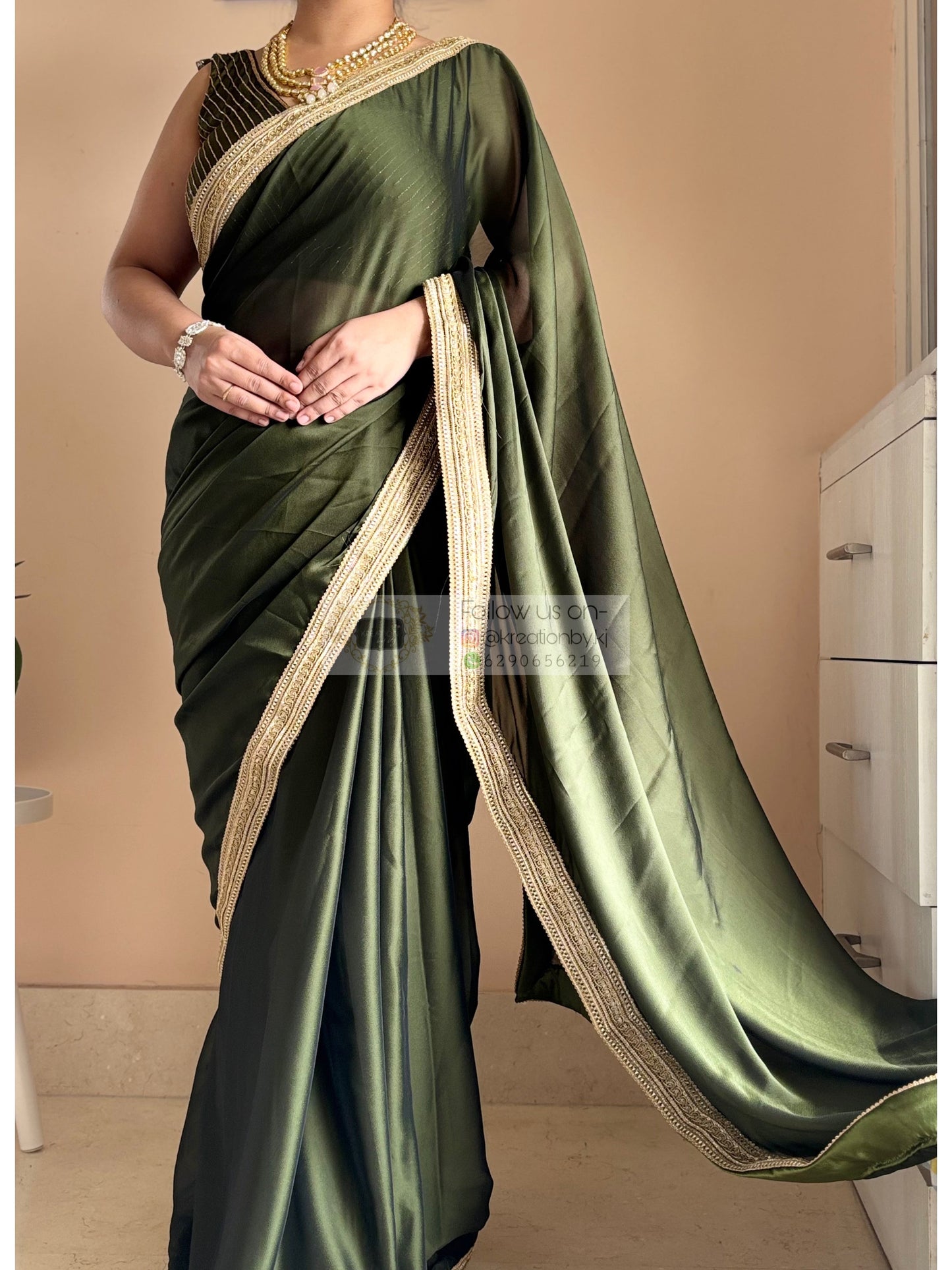 Olive Green Georgette Cocktail Saree with Golden Border Kreation by KJ