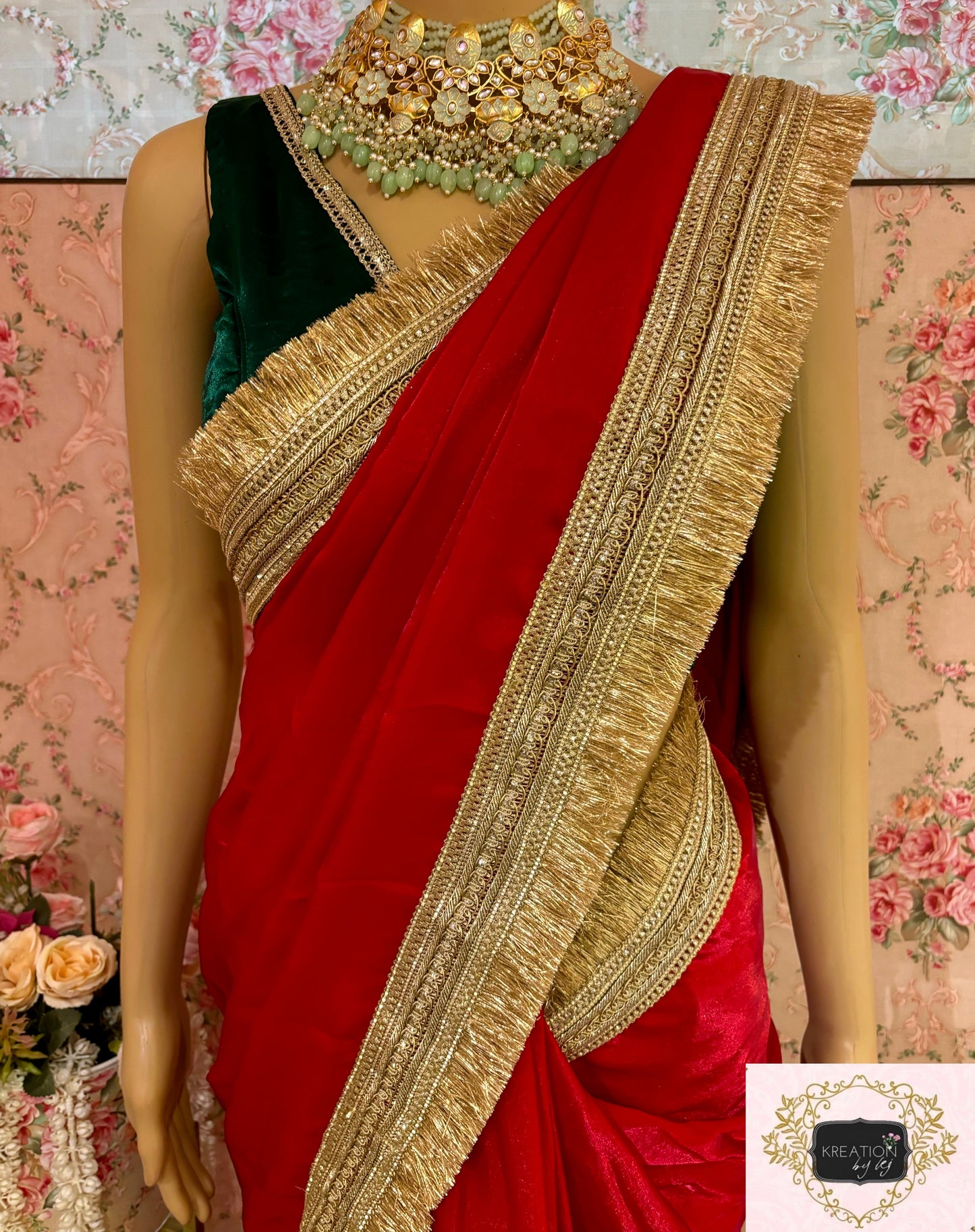 Red Metallic Shimmer Satin Banno Saree kreationbykj