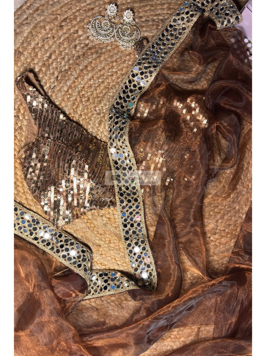 Copper Brown Glass Tissue Saree With Real Cut Mirror Border Kreation by KJ