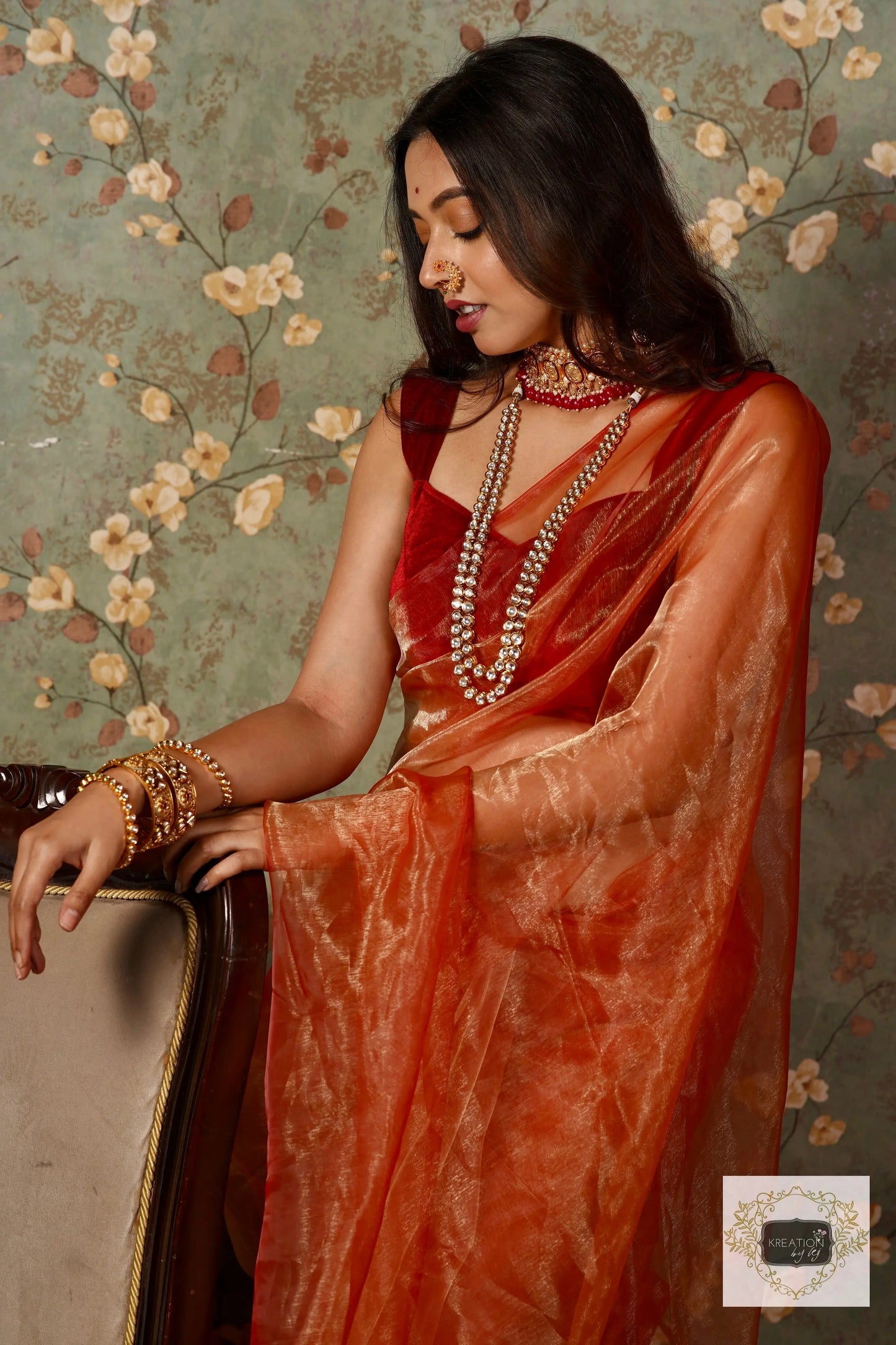 Marigold Glass Tissue Saree kreationbykj