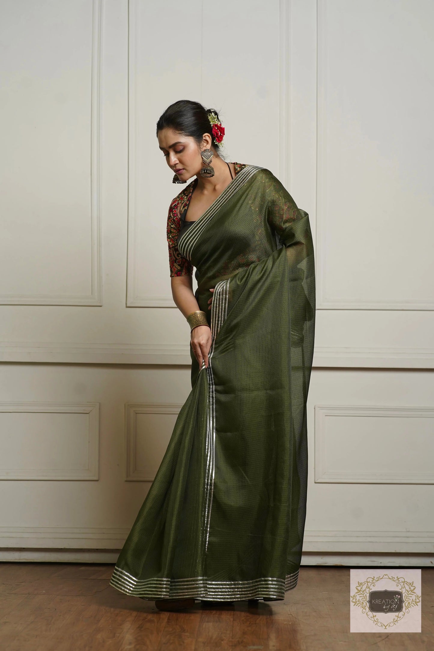 Olive Green Kota Silver Lining Saree With Gota Border kreationbykj
