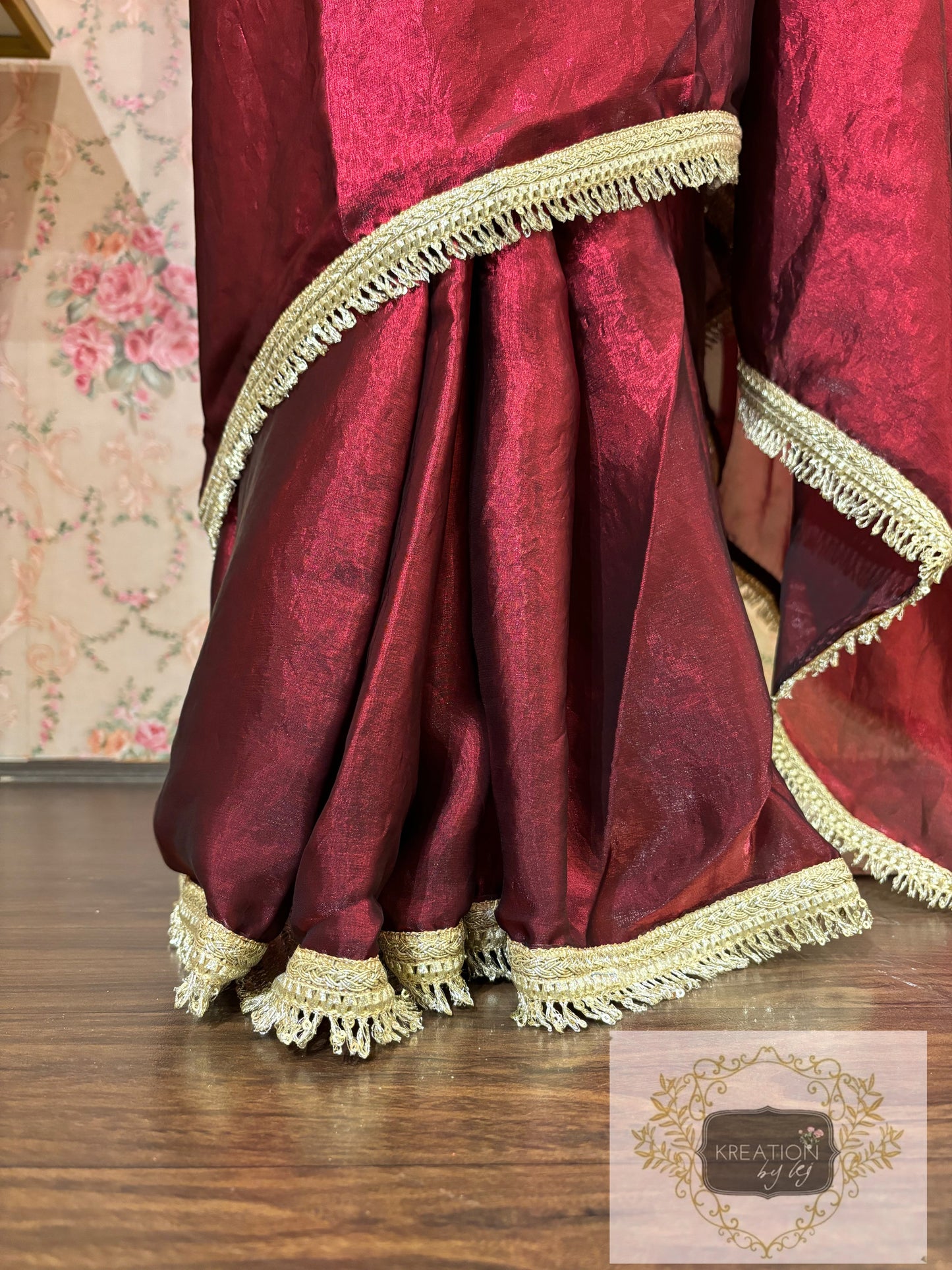 Cheery Wine Metallic Shimmer satin Banno Saree kreationbykj