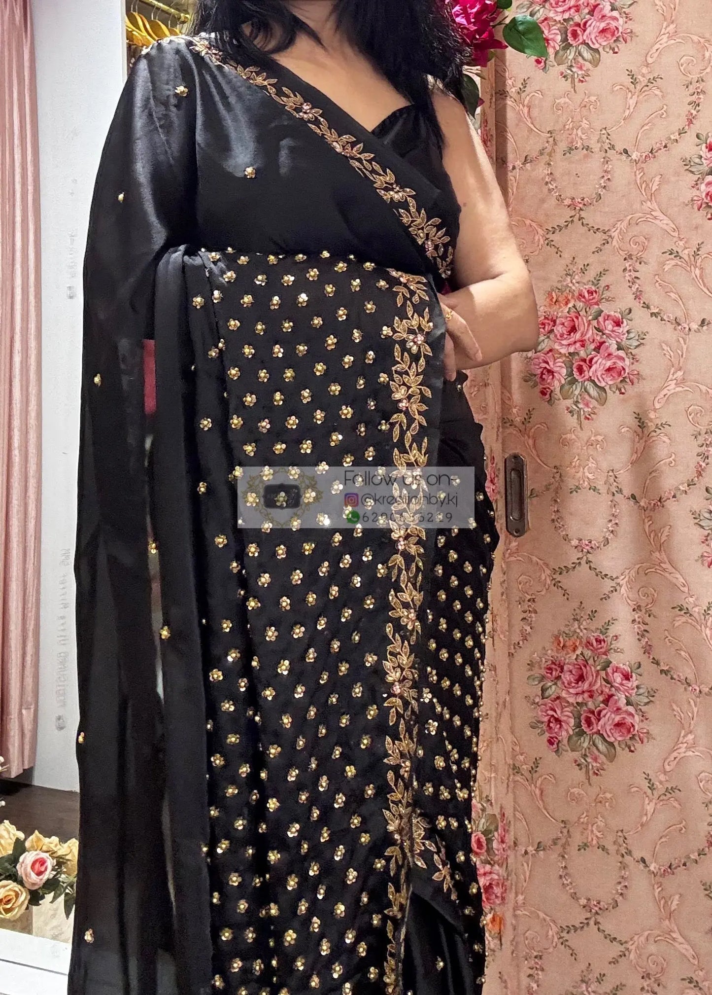 Black Crepe Silk Badan Pe Sitare Cocktail Saree kreationbykj