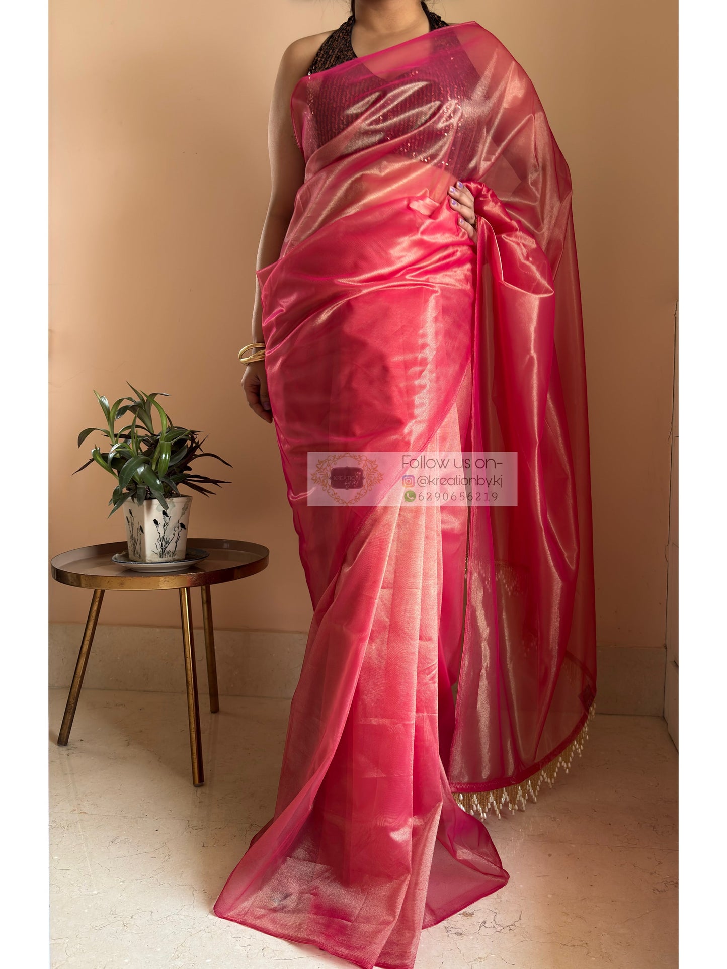 Rose Pink Tissue Net Bridal  Saree kreationbykj