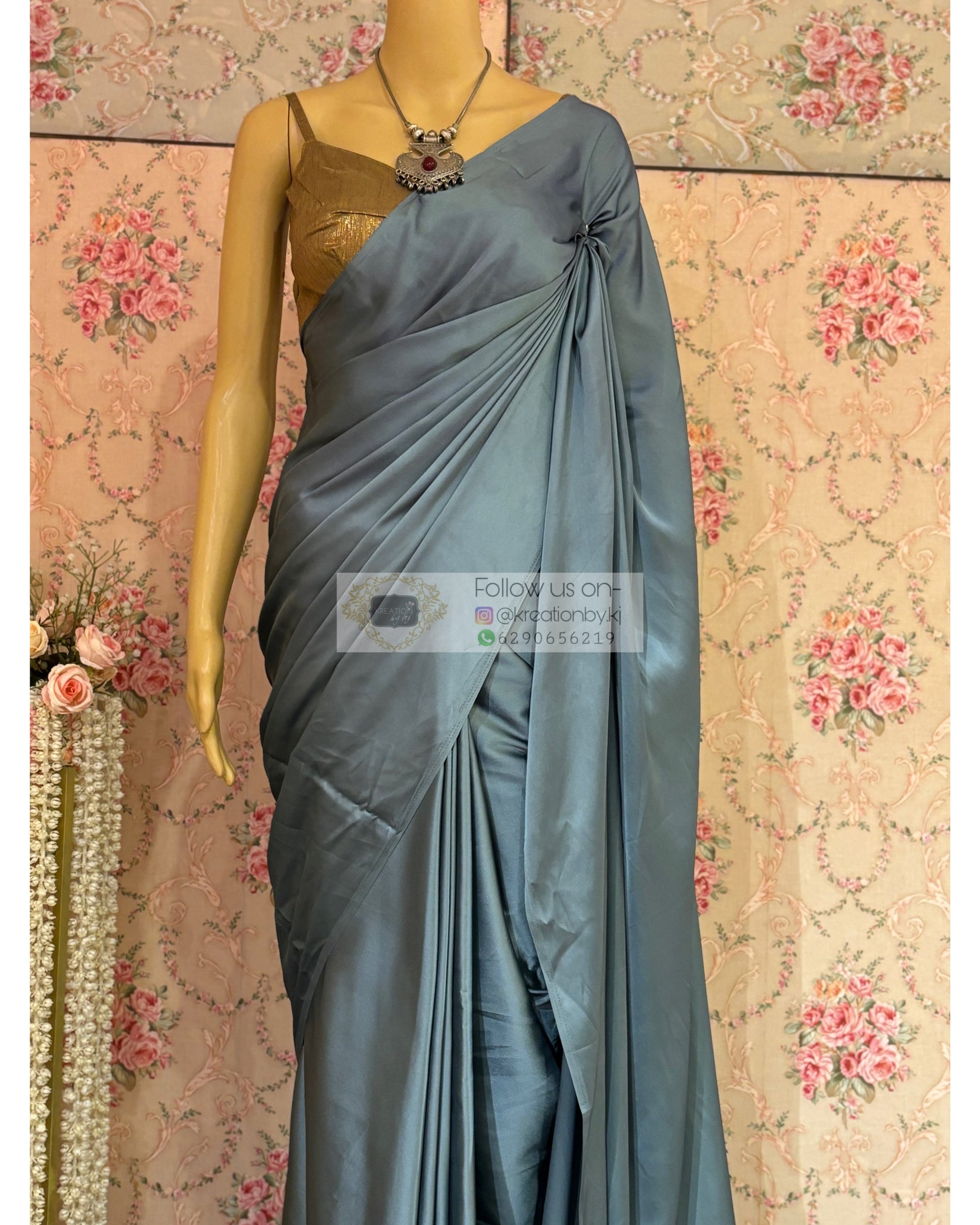 Slate Grey Satin Silk Saree with Handmade Tassels on Pallu kreationbykj