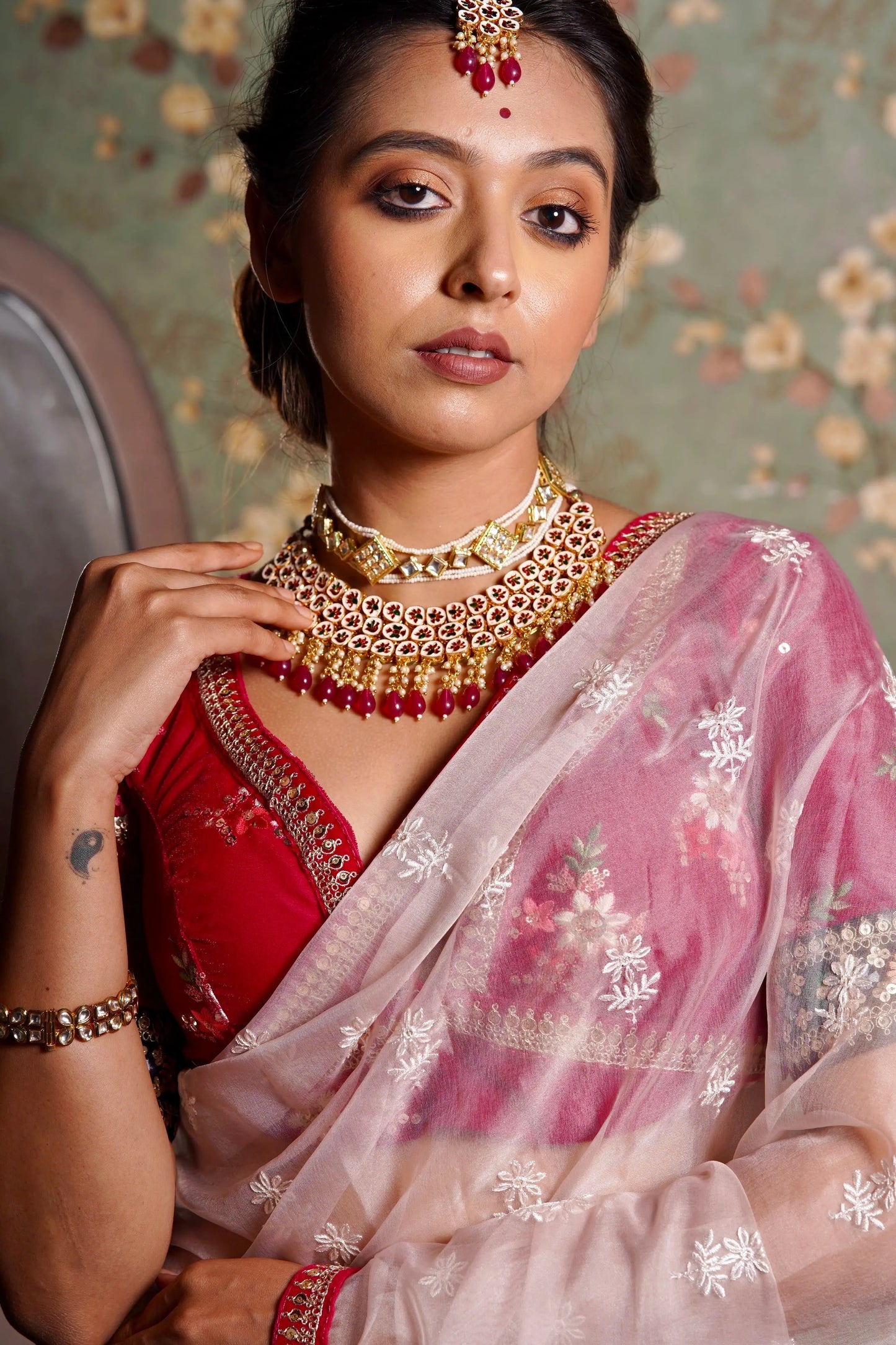 Blush Pink Organza Saree with Rani Pink Border kreationbykj