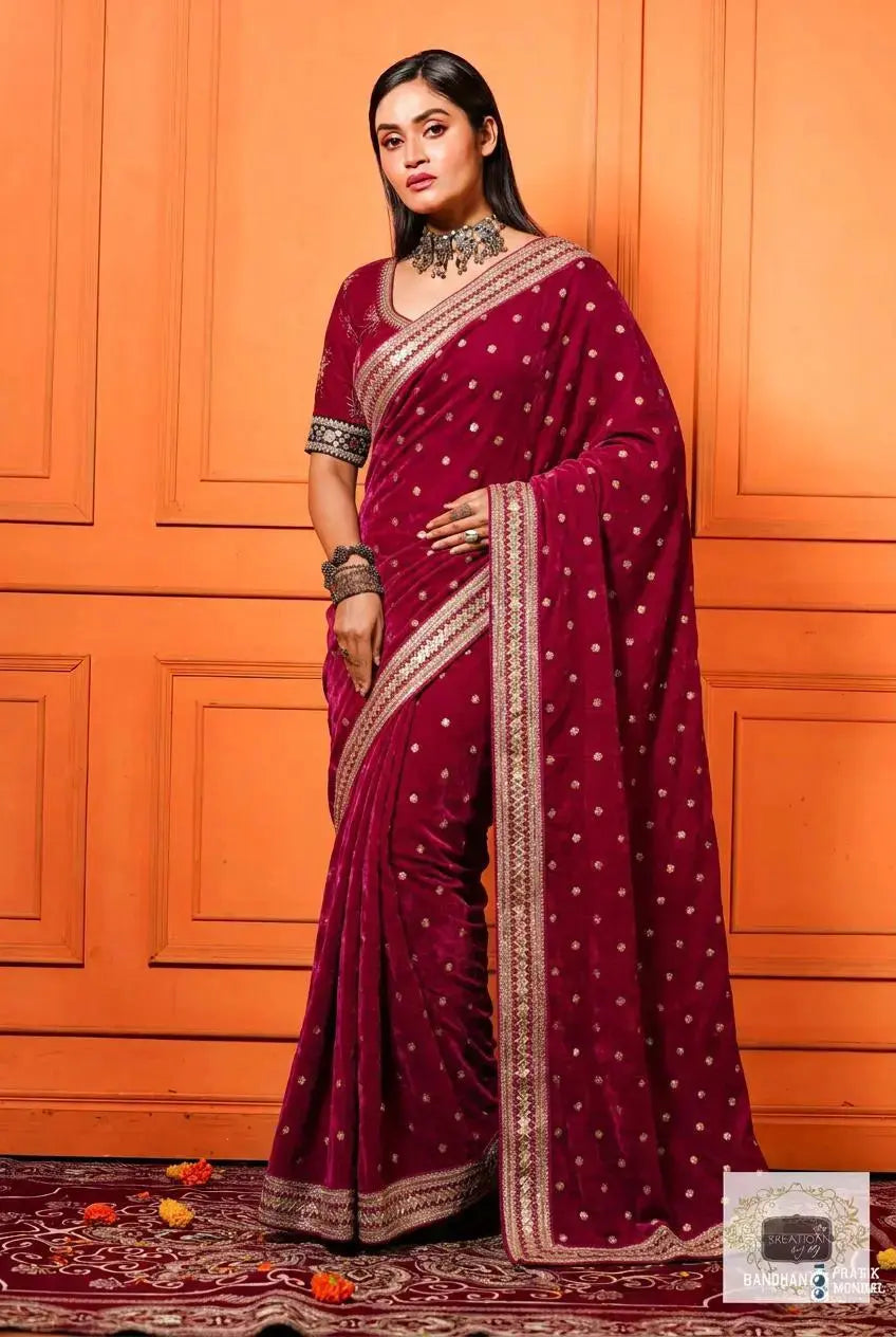 Royal Magenta Pink Velvet Saree Kreation by KJ