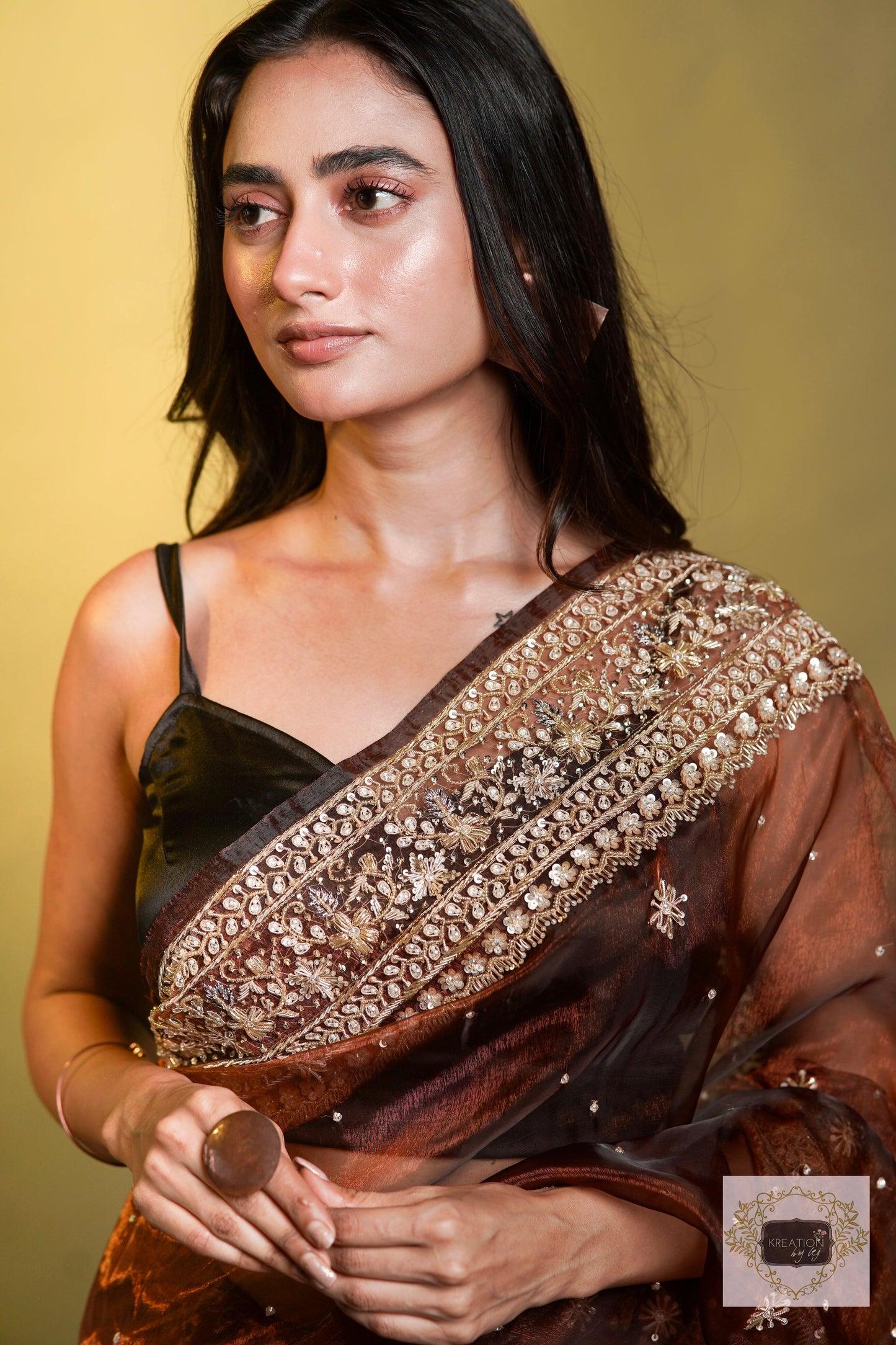 Nazakat Copper Glass Tissue Saree For Wedding kreationbykj