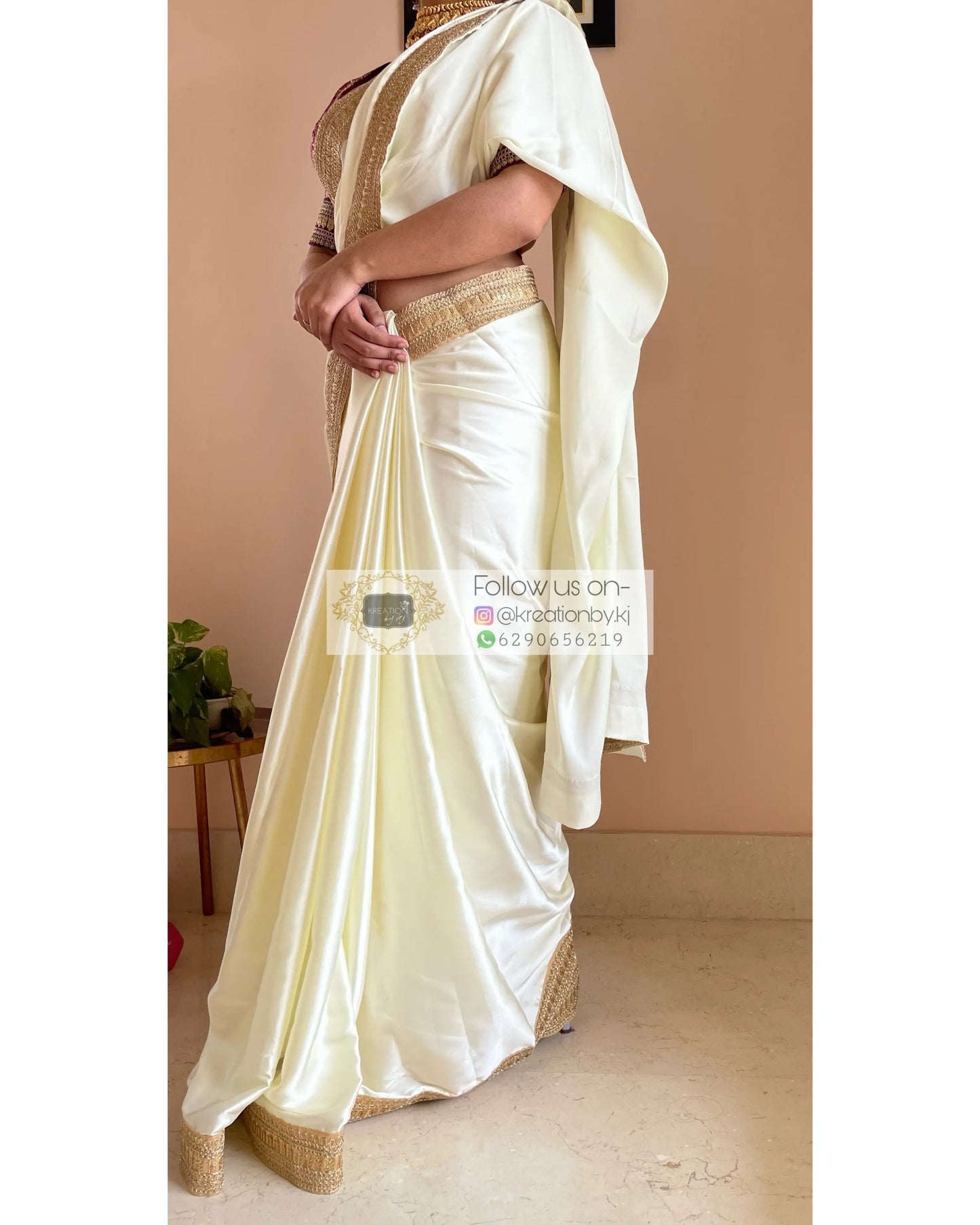 Cream Satin Silk Saree with Beige Border-Agomoni kreationbykj