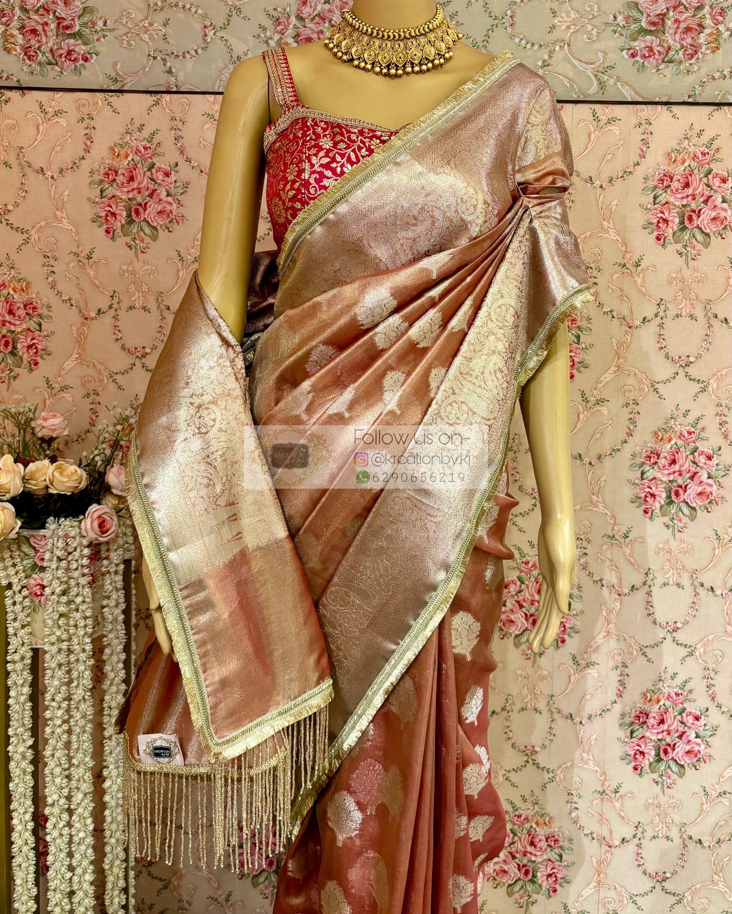 Peach Rose Designer Banarasi Tissue Silk Saree kreationbykj