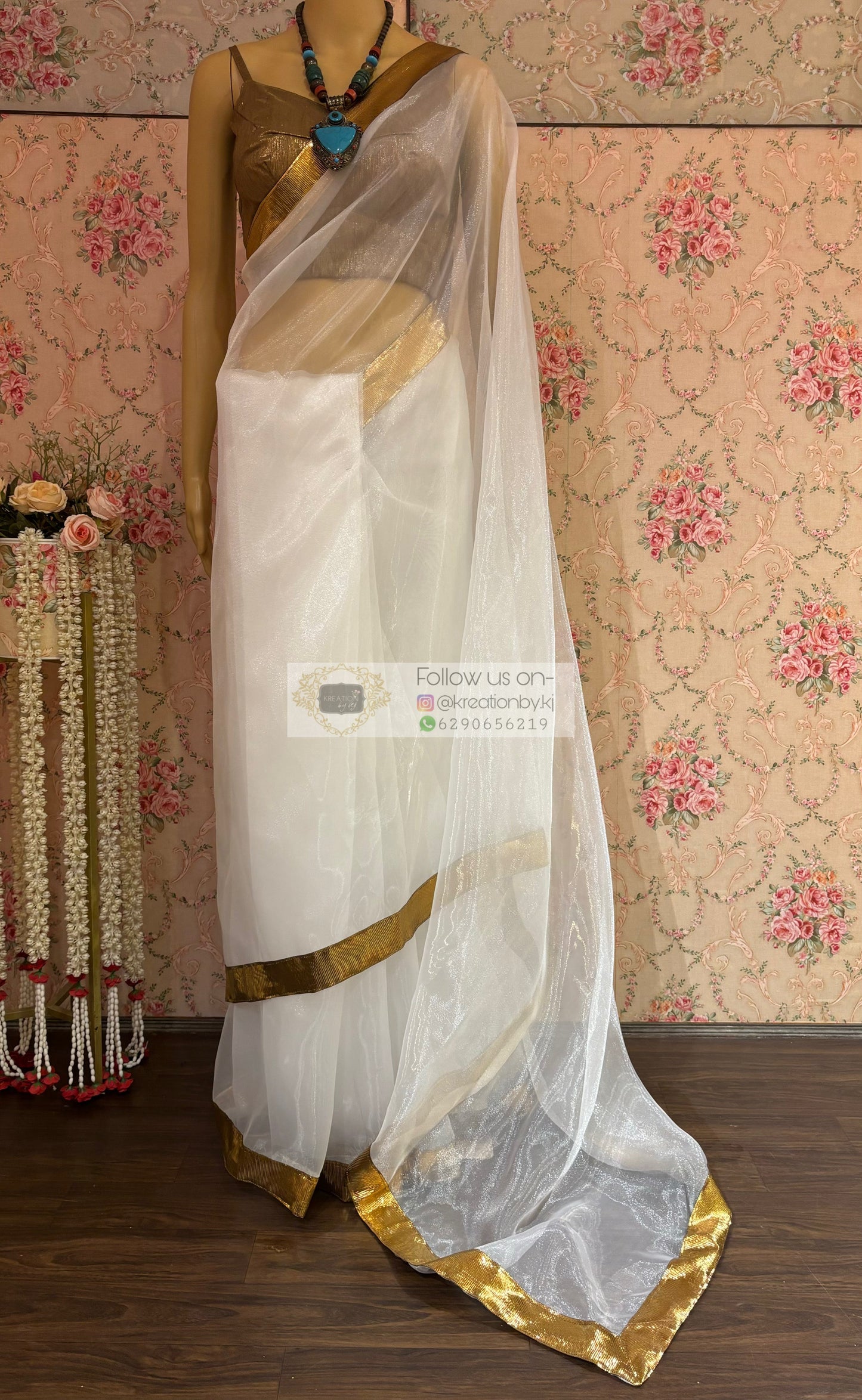 White Organza Saree with Gota Border kreationbykj