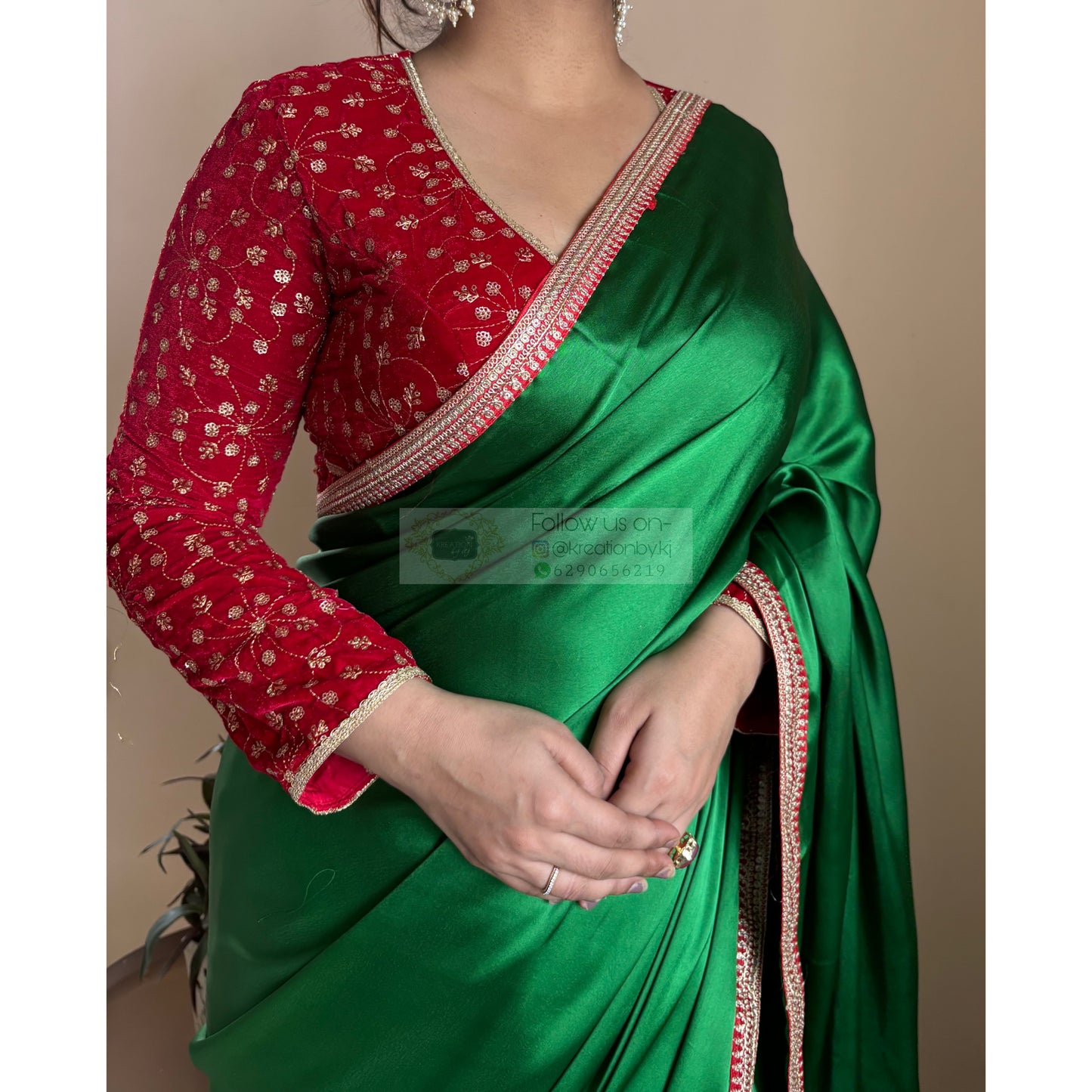 Green Satin Silk Saree with Red Border - kreationbykj