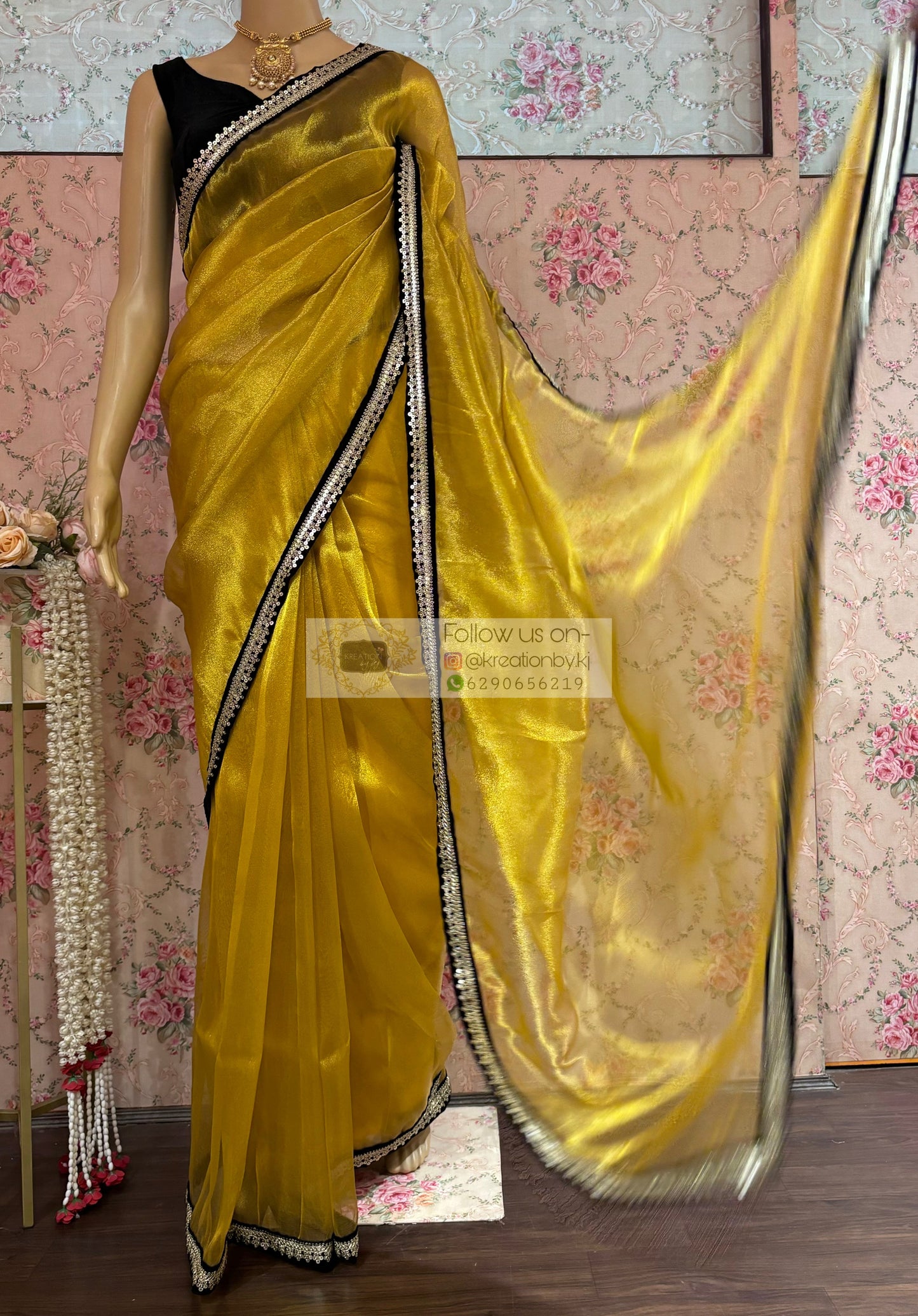 Golden Yellow Zari Tissue Cocktail Saree kreationbykj