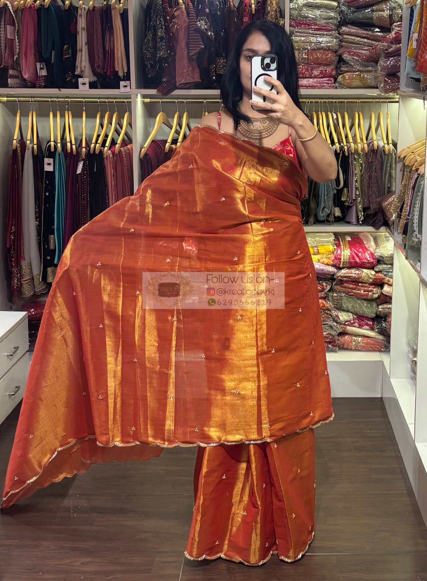 Burnt Orange Tissue Saree with Handembroidered Scalloping kreationbykj