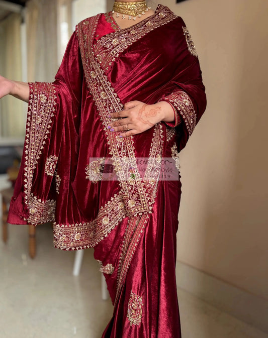 Naaz Burgundy Velvet Saree Kreation by KJ