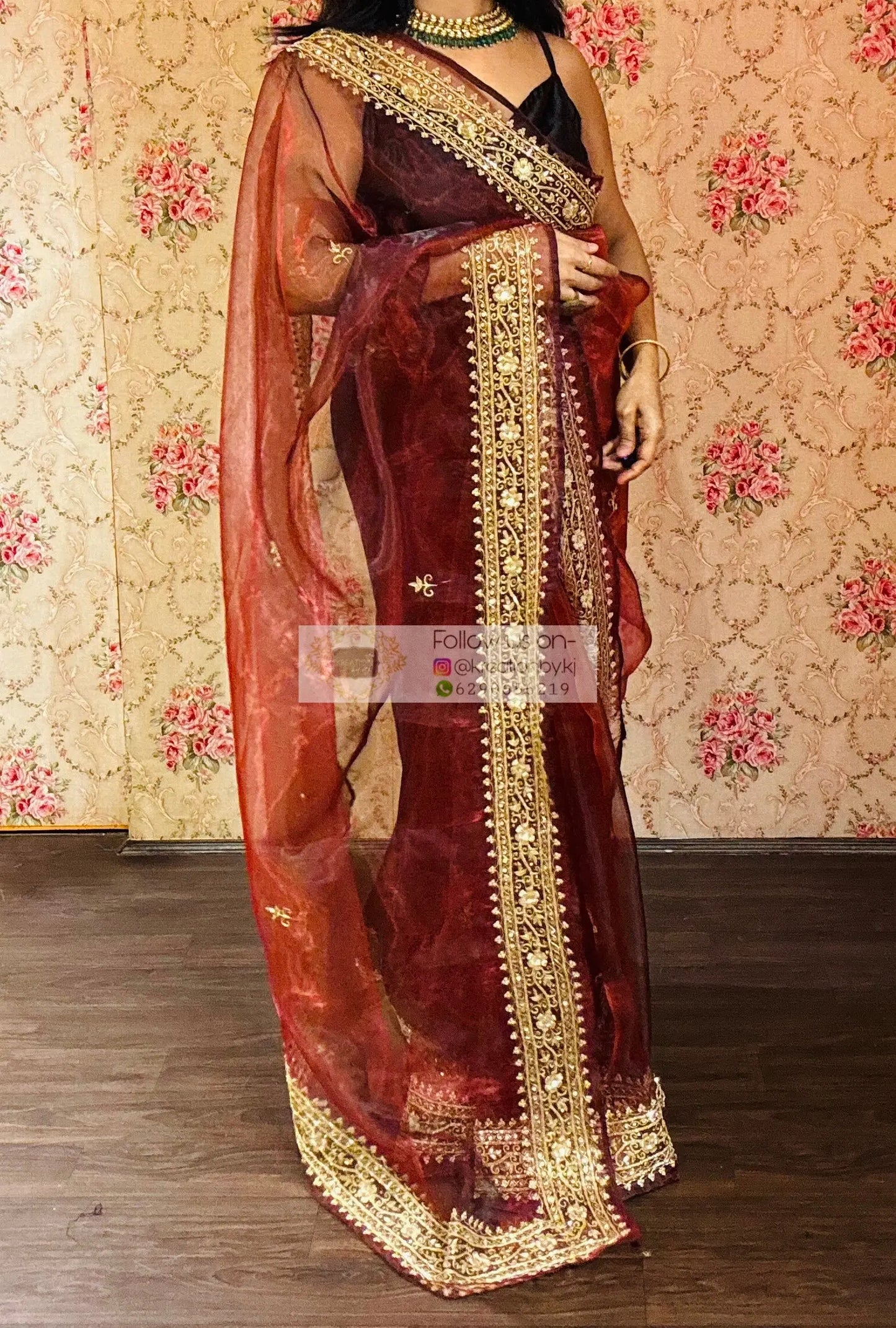 Maroon Glass Tissue Zarina Wedding Saree kreationbykj