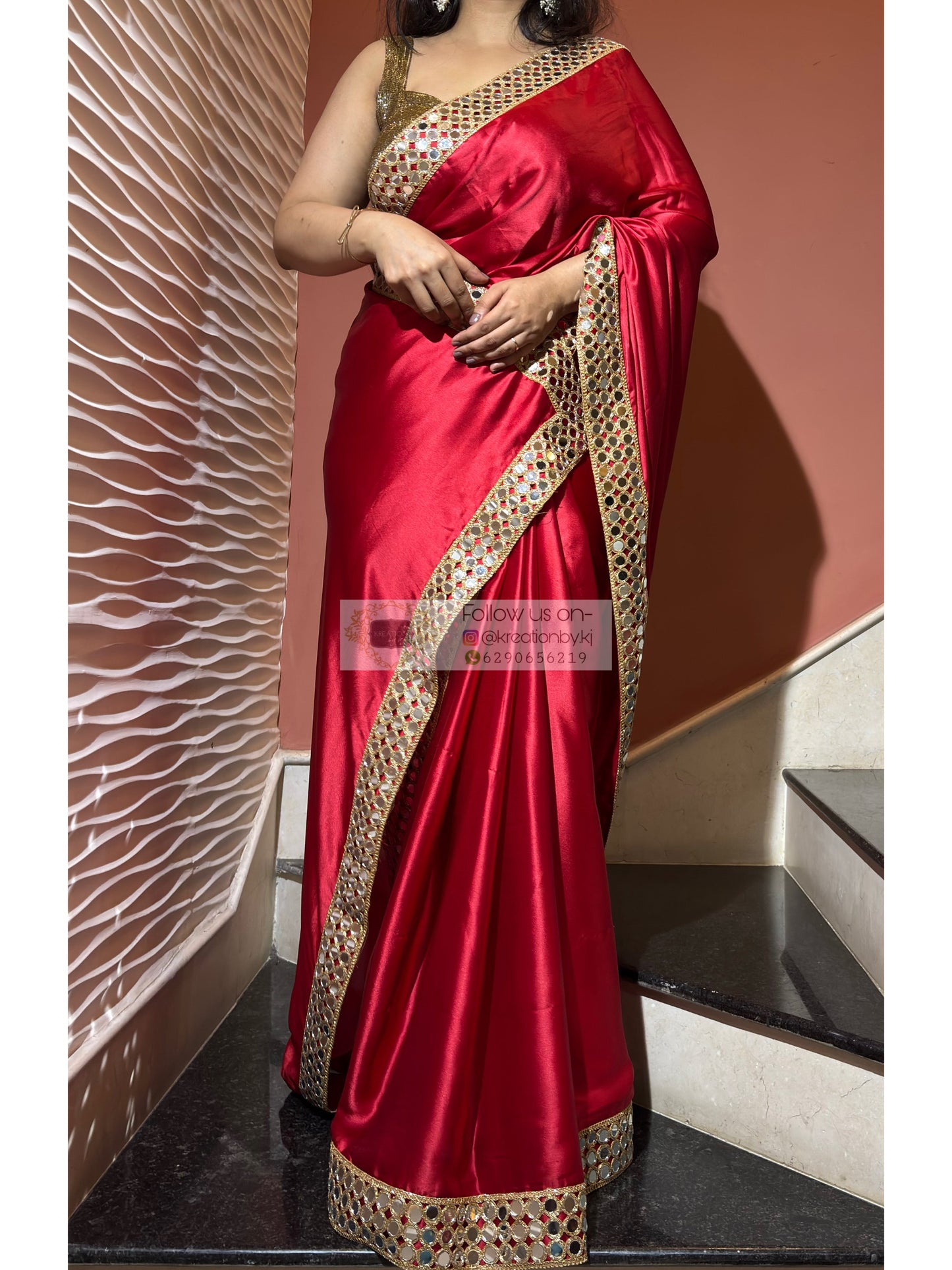 Crimson Red Satin Silk Saree with Mirror Border kreationbykj
