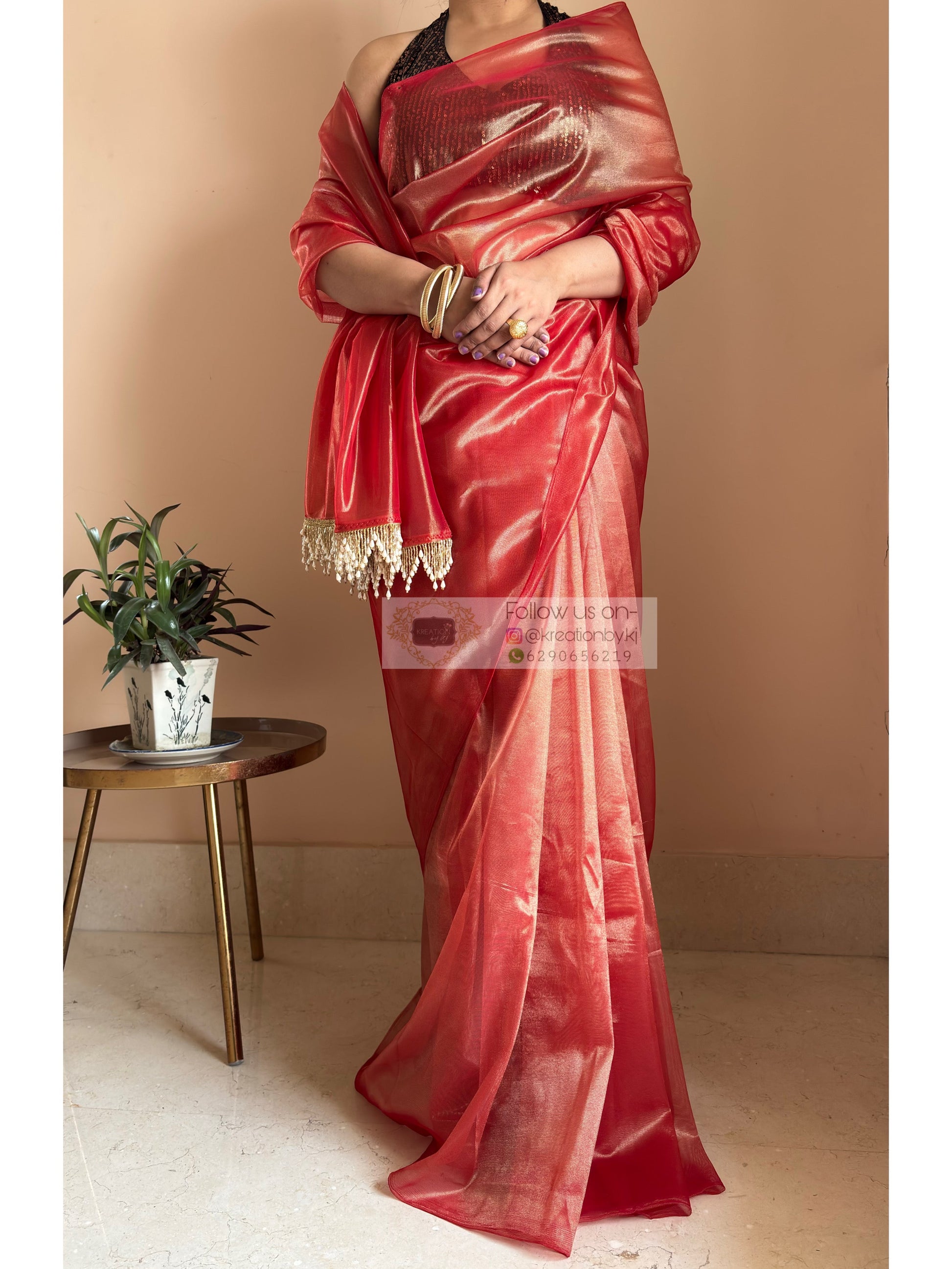 Sunset Orange Tissue Net Saree kreationbykj