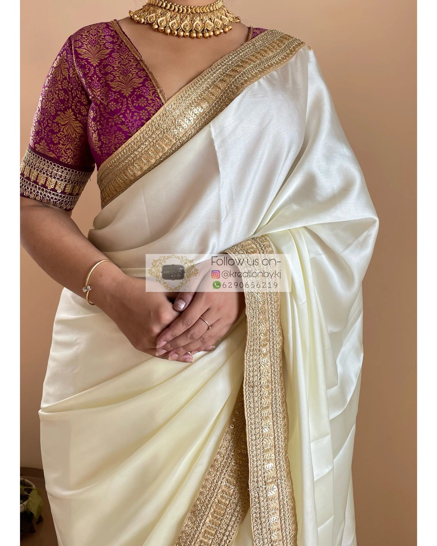 Cream Satin Silk Saree with Beige Border-Agomoni kreationbykj