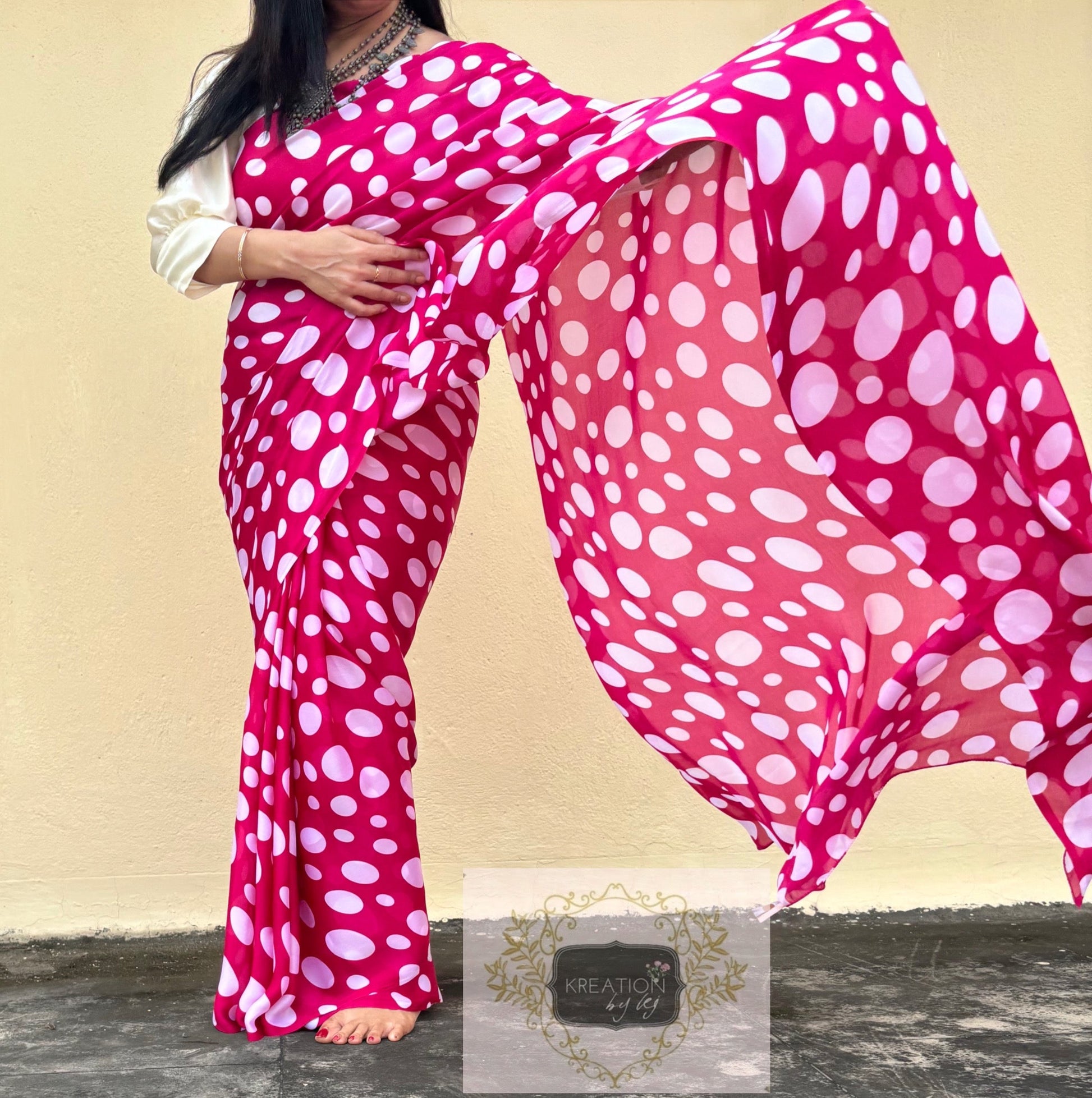 Magenta Pink Polka Dot Saree kreationbykj