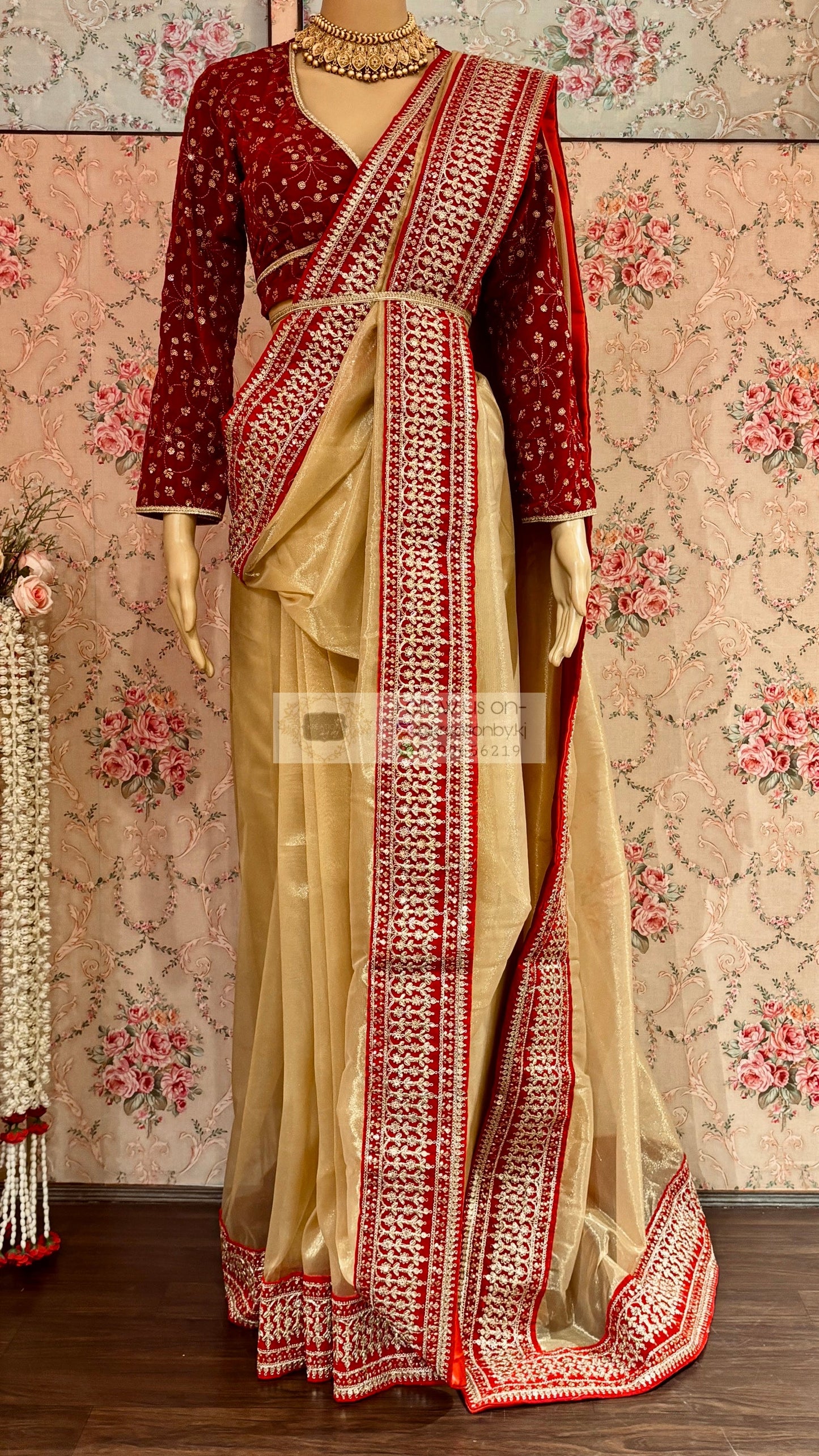 Beige Tissue Net Saree with Red Border kreationbykj