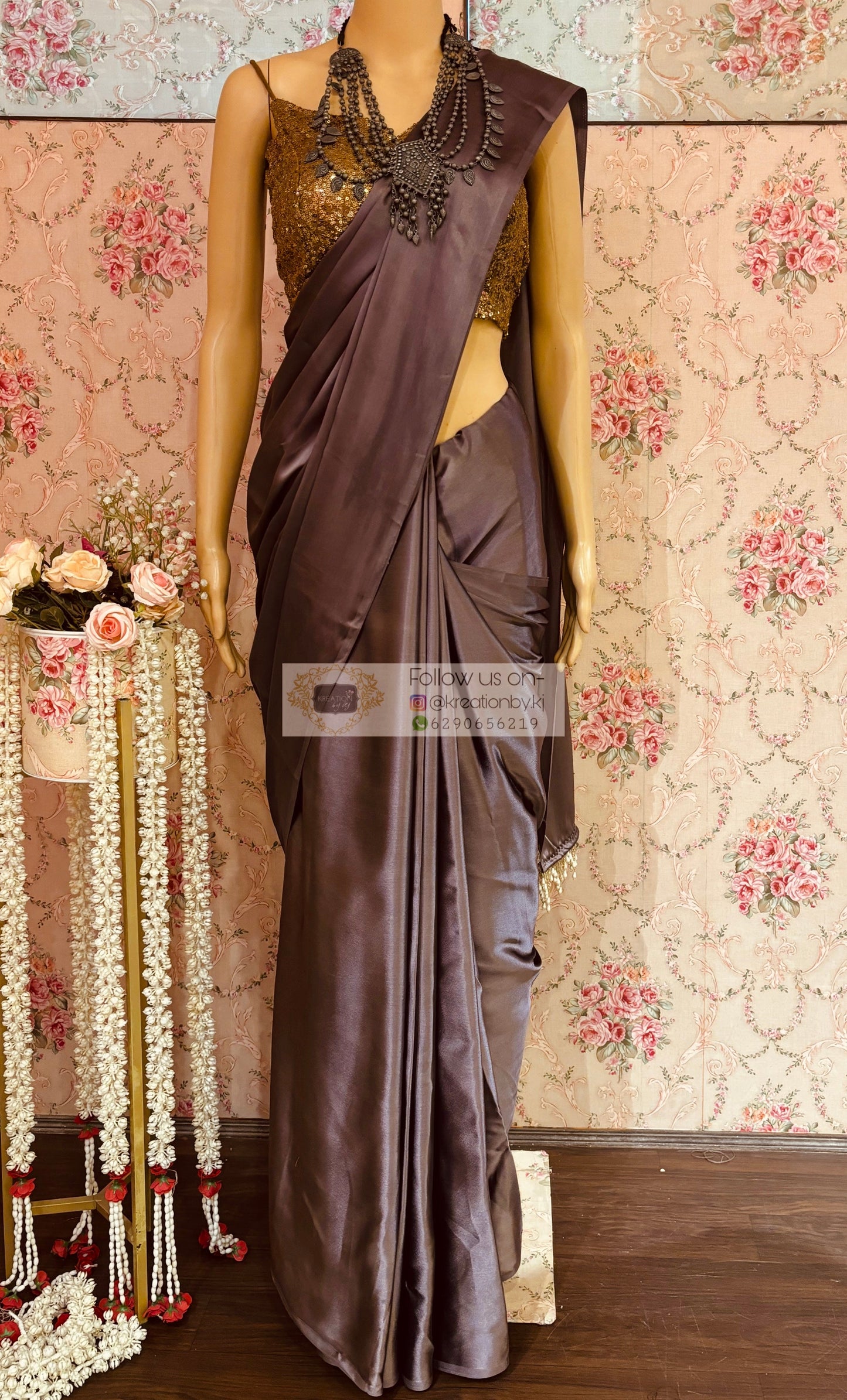 Purple Mauve Satin Silkc Cocktail Saree kreationbykj