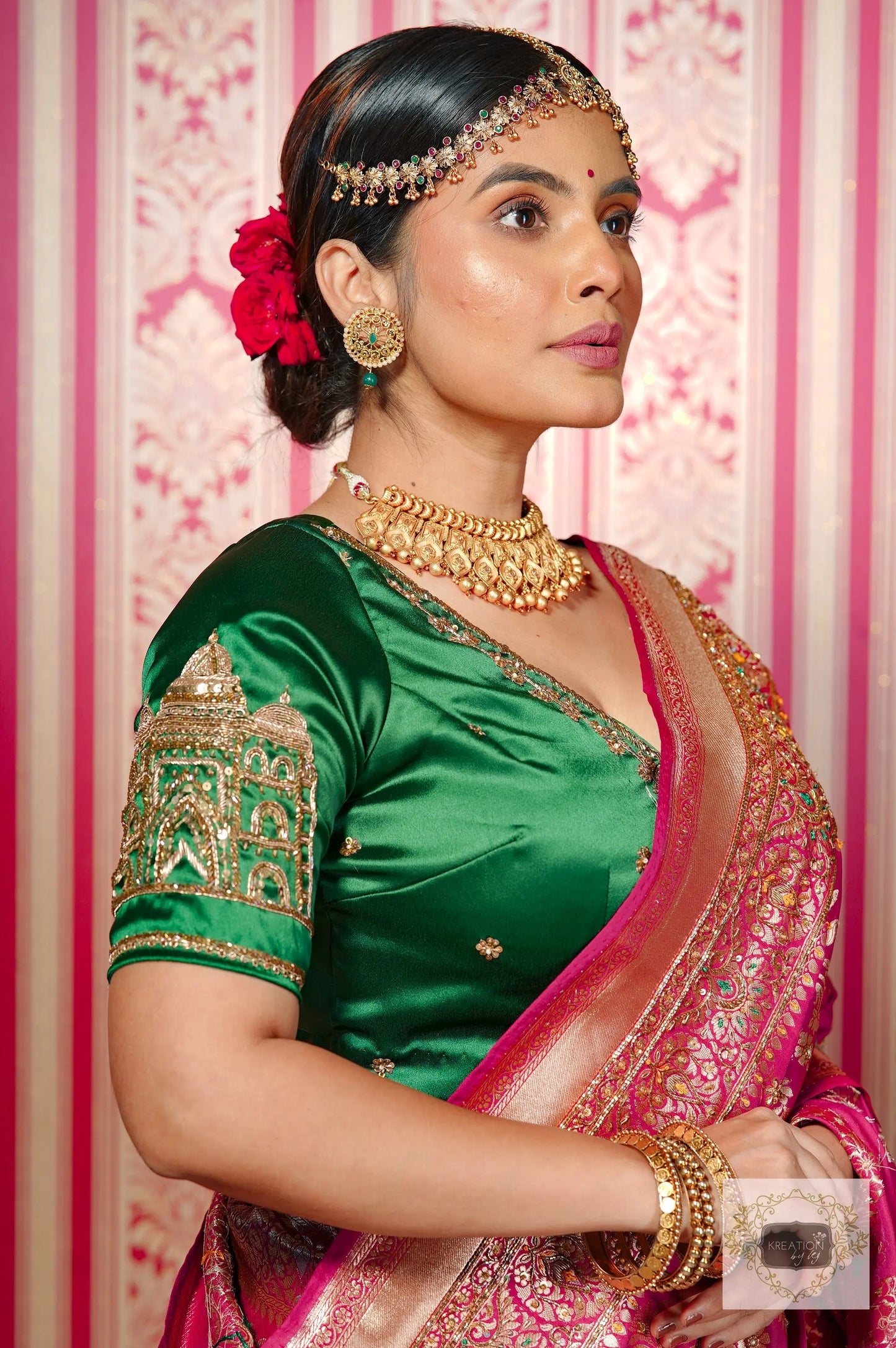Forest Green Taj Mahal Bridal Blouse Piece kreationbykj