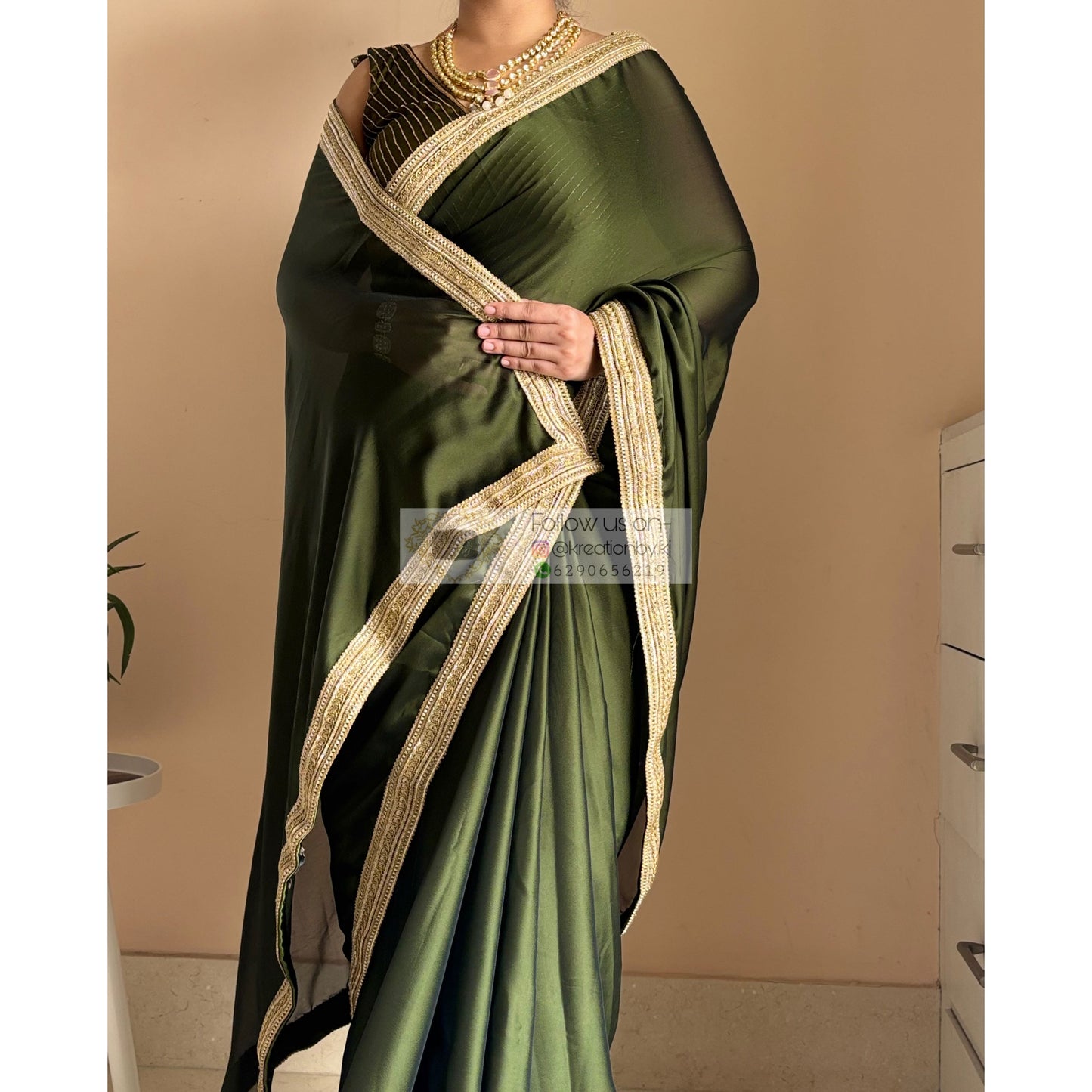 Olive Green Georgette Saree with Golden Border Kreation by KJ