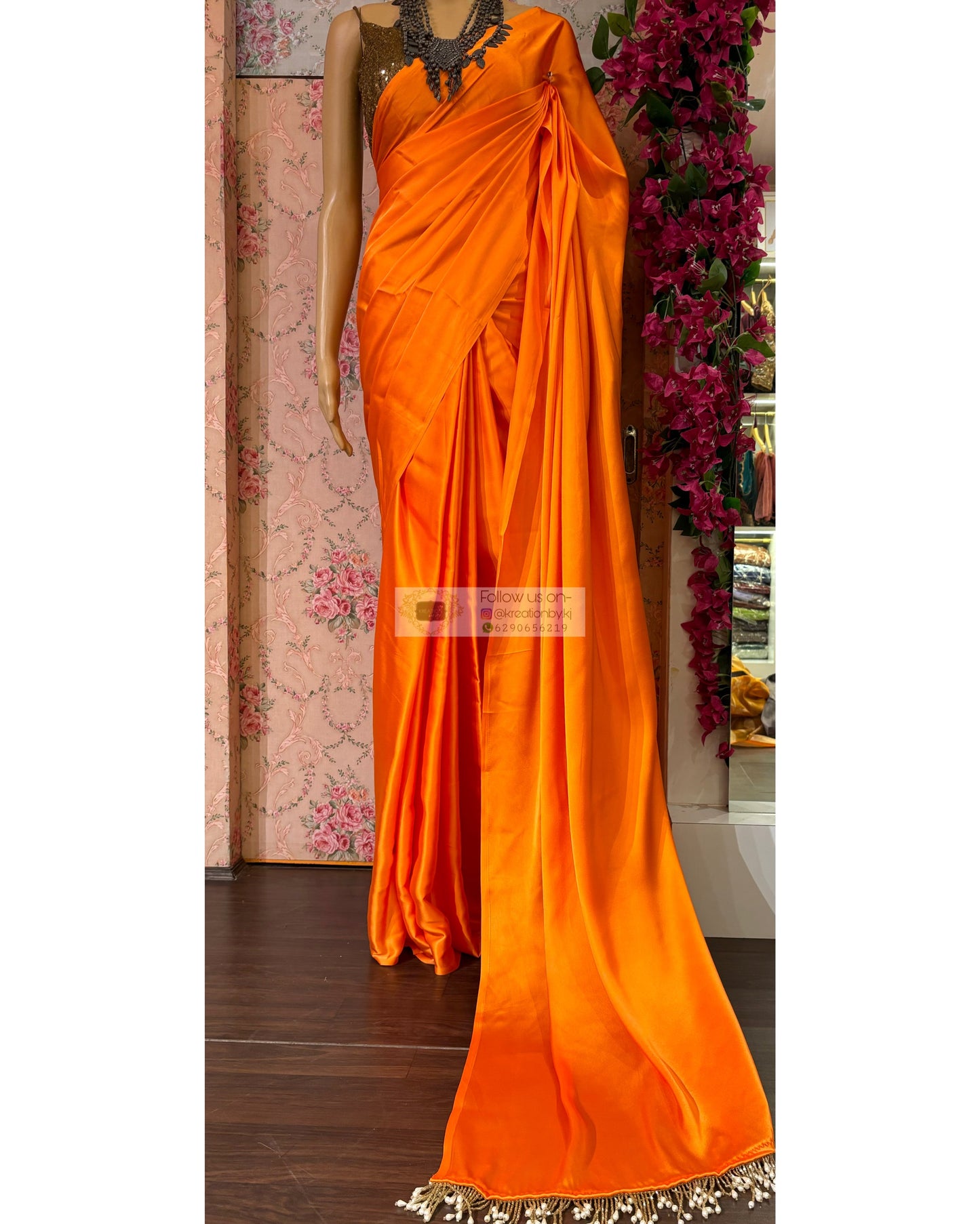 Komola Satin Silk Saree with Handmade Tassels on Pallu kreationbykj