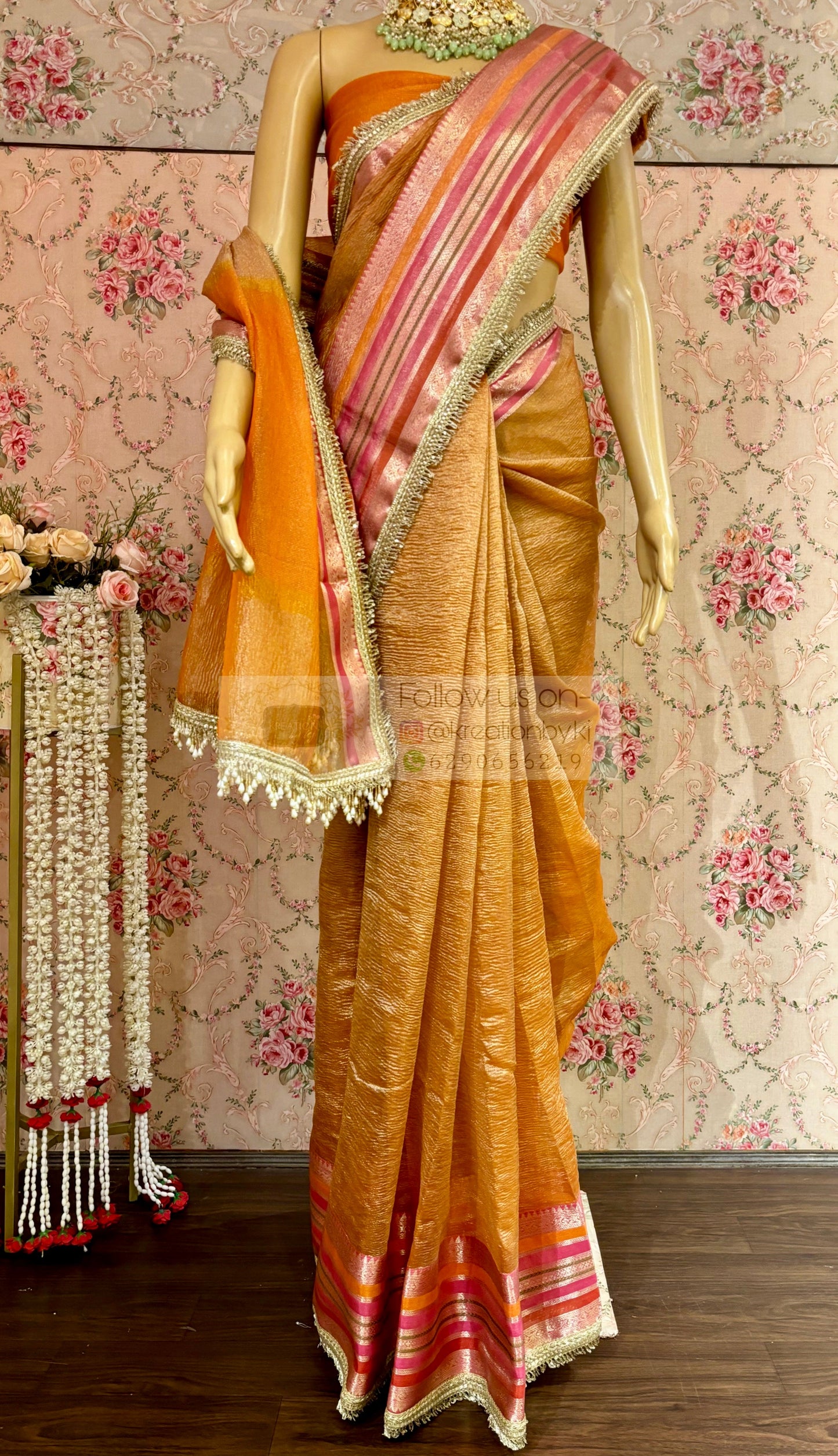 Orange Banarasi Tissue Saree kreationbykj