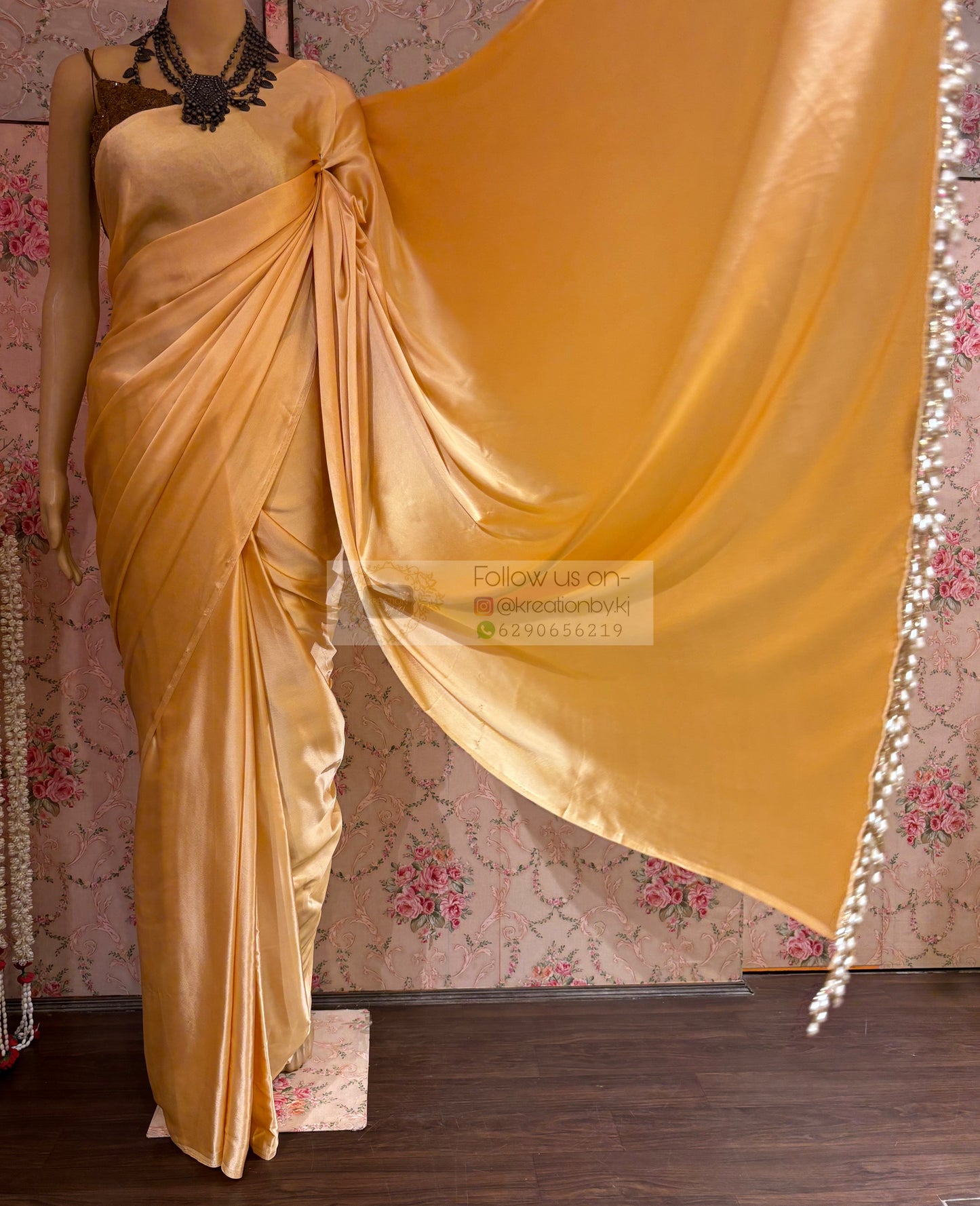 Tuscany Beige Satin Silk Saree with Handmade Tassels on Pallu kreationbykj