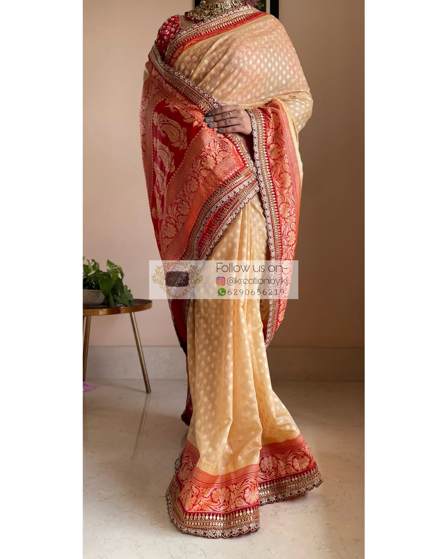 Beige Banarasi Georgette Saree with Red Border for Puja kreationbykj