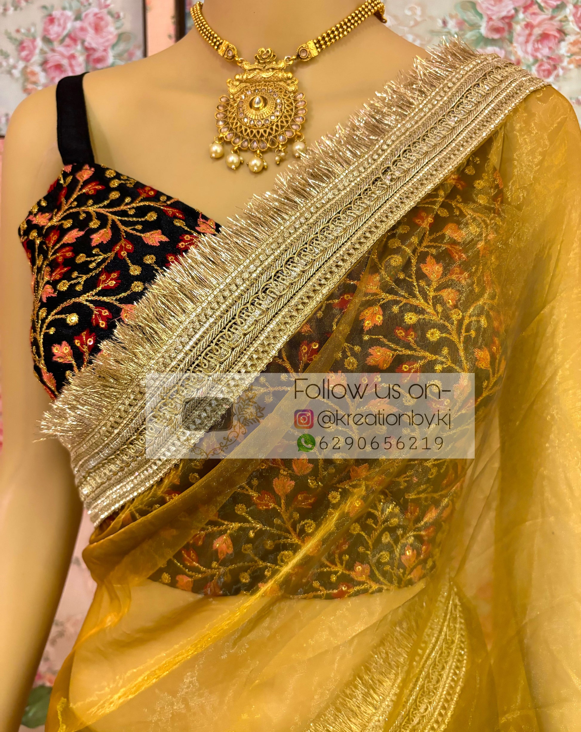 Amber Gold Glass Tissue Banno Saree kreationbykj