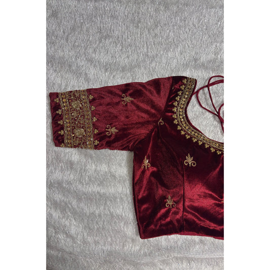 Maroon Velvet Bridal Blouse with Zardosi Work kreationbykj