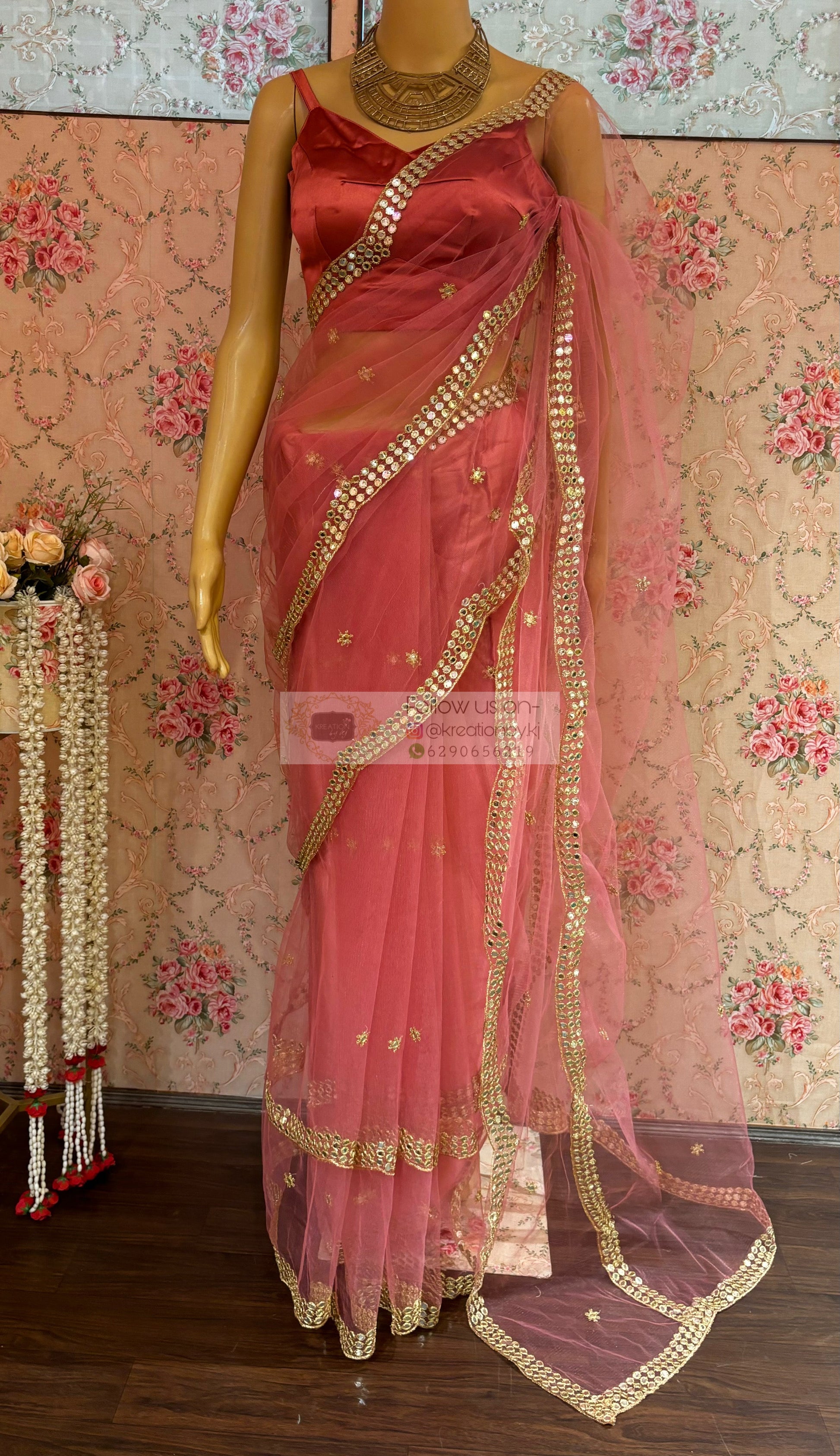 Pastel Pink Net Saree With Mirror Border kreationbykj
