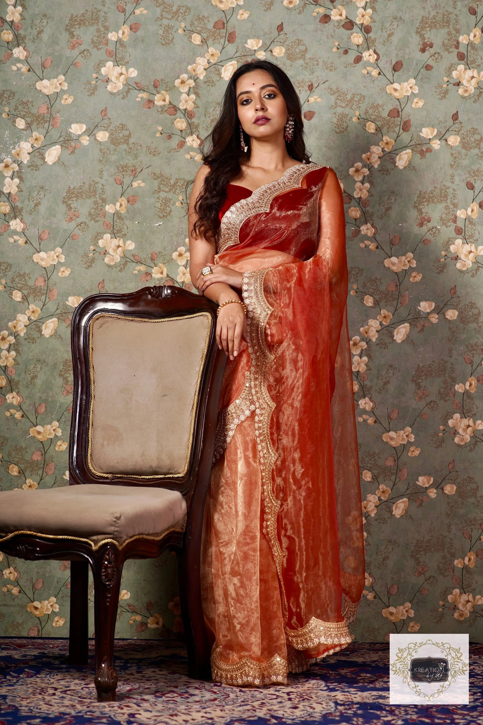 Marigold Glass Tissue Golden Scallop Border Saree kreationbykj