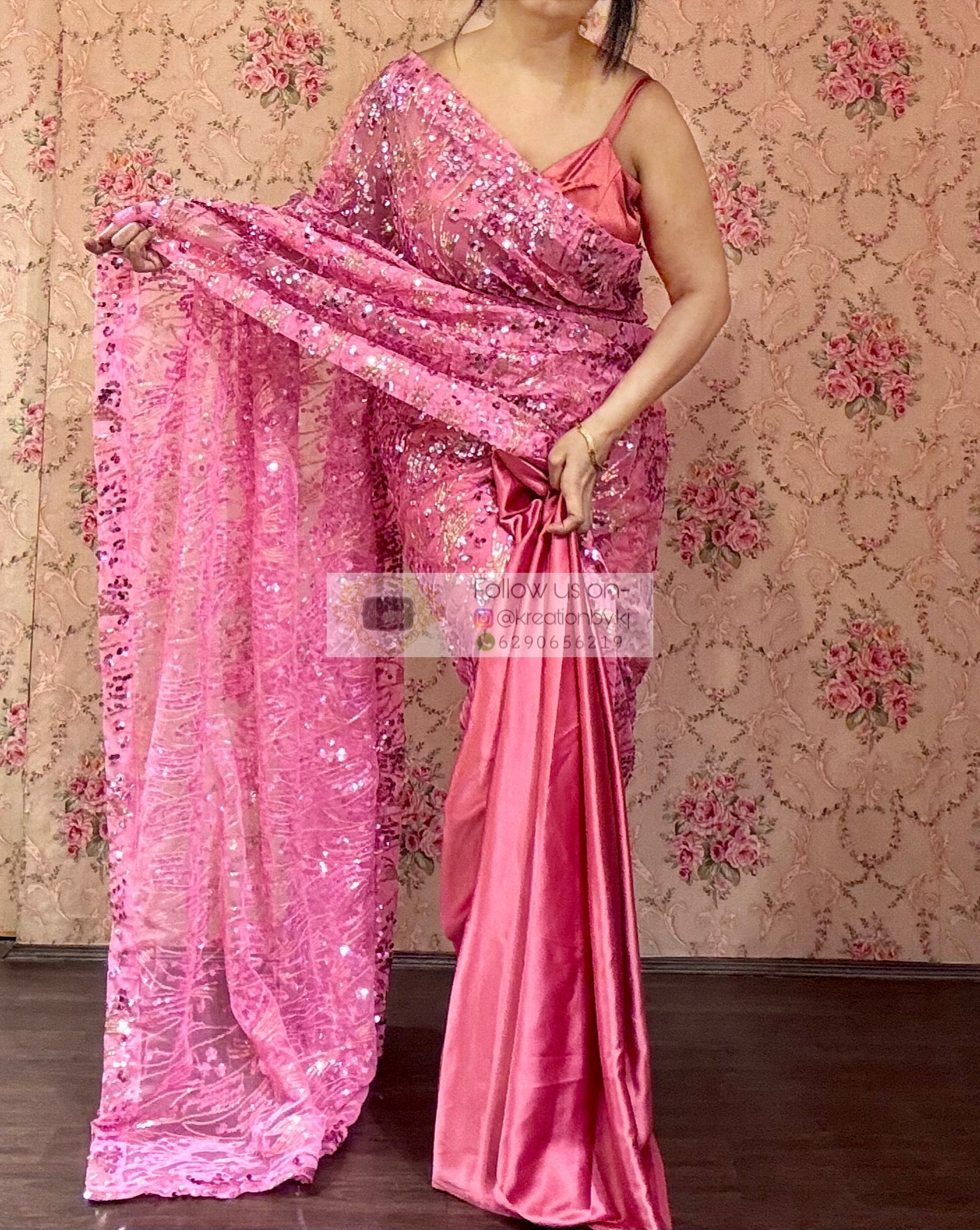 Pink Mermaid Sequin Partywear Saree kreationbykj