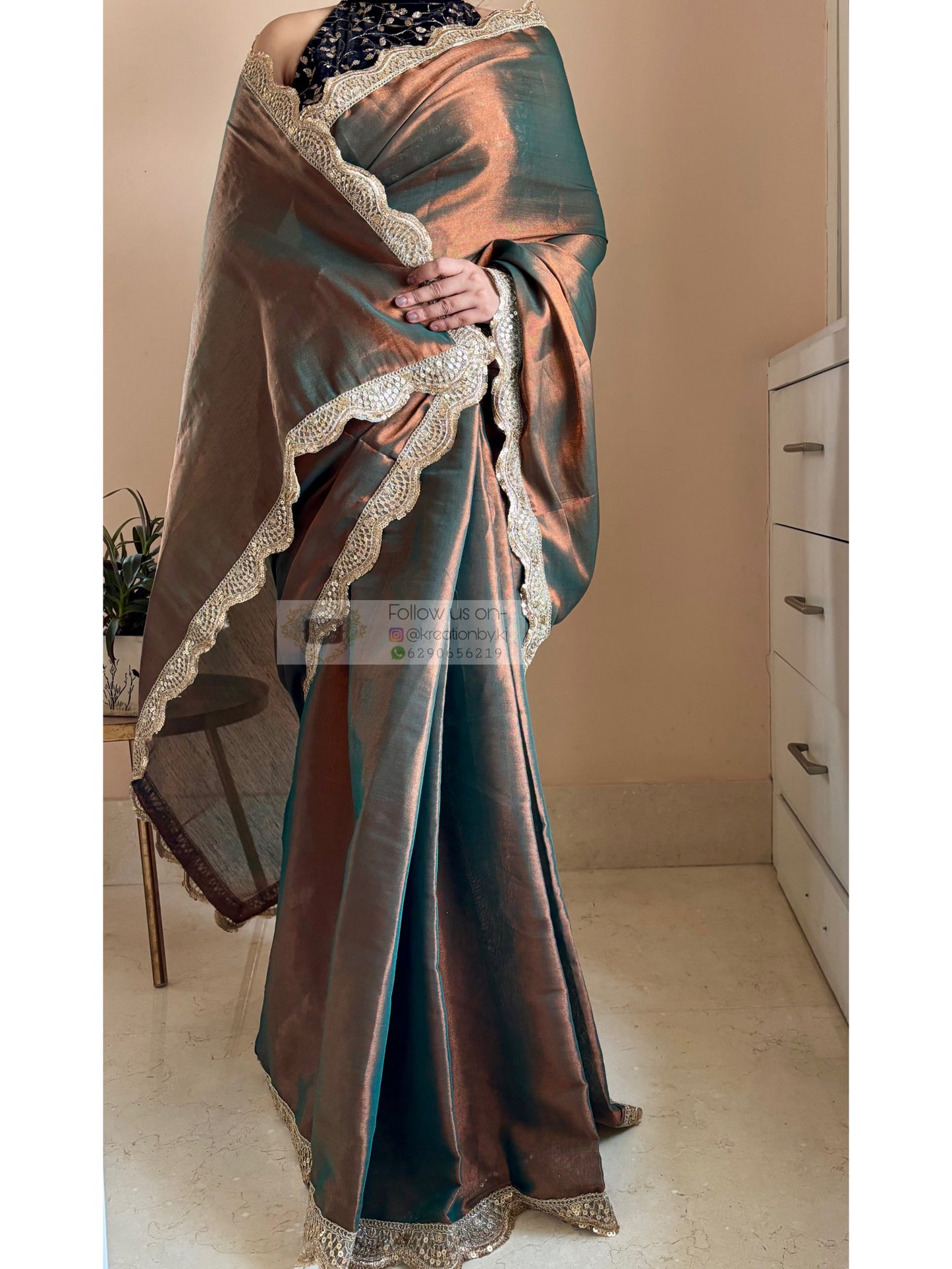 Copper Brown Cotton Tissue Saree with Mehraab Border kreationbykj