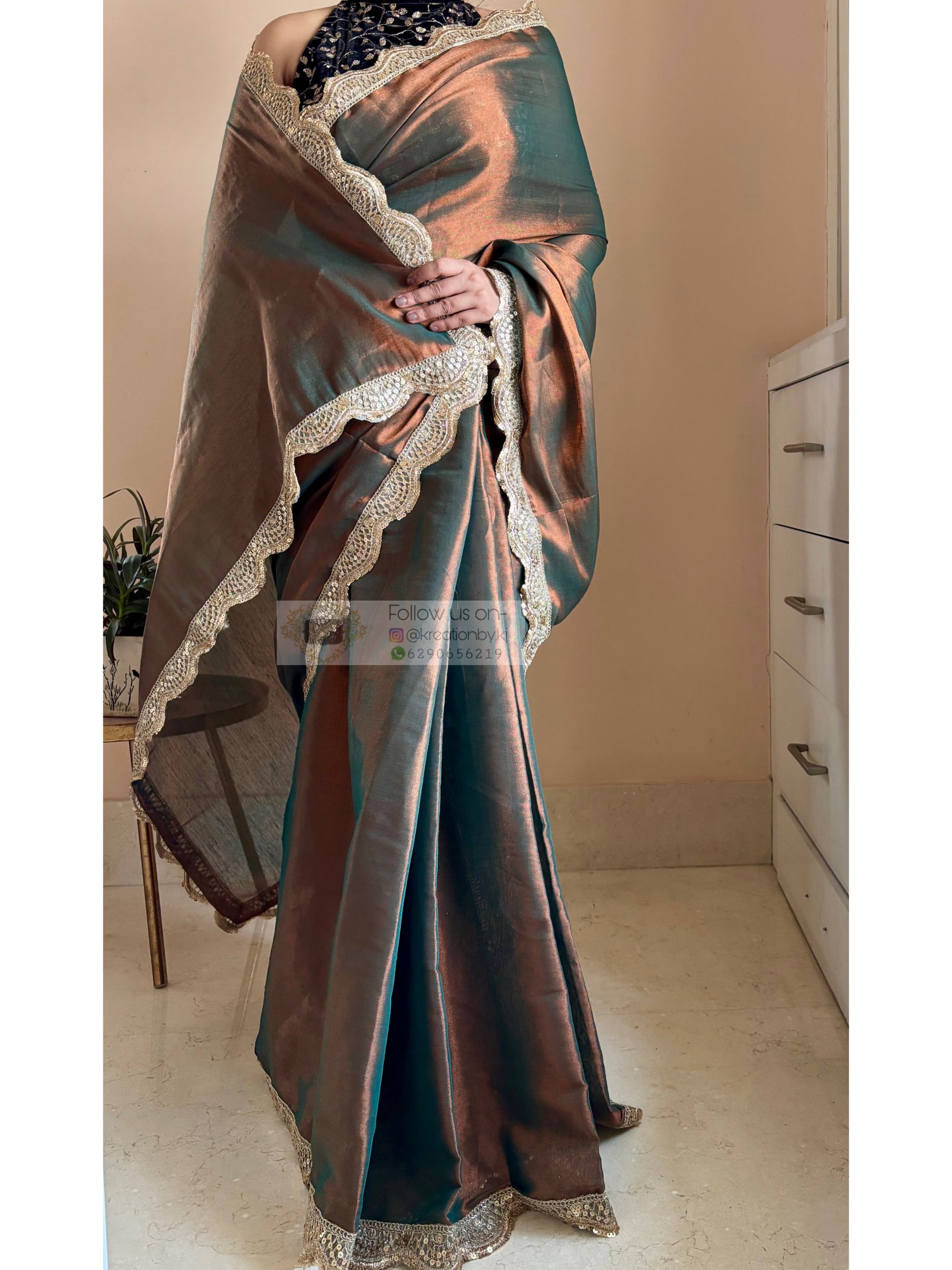 Copper Brown Cotton Tissue Saree with Mehraab Border kreationbykj