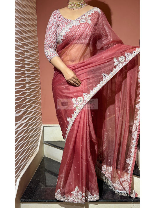 Salmon Pink Hand-Embroidered Saree with Heavy Work Blouse kreationbykj