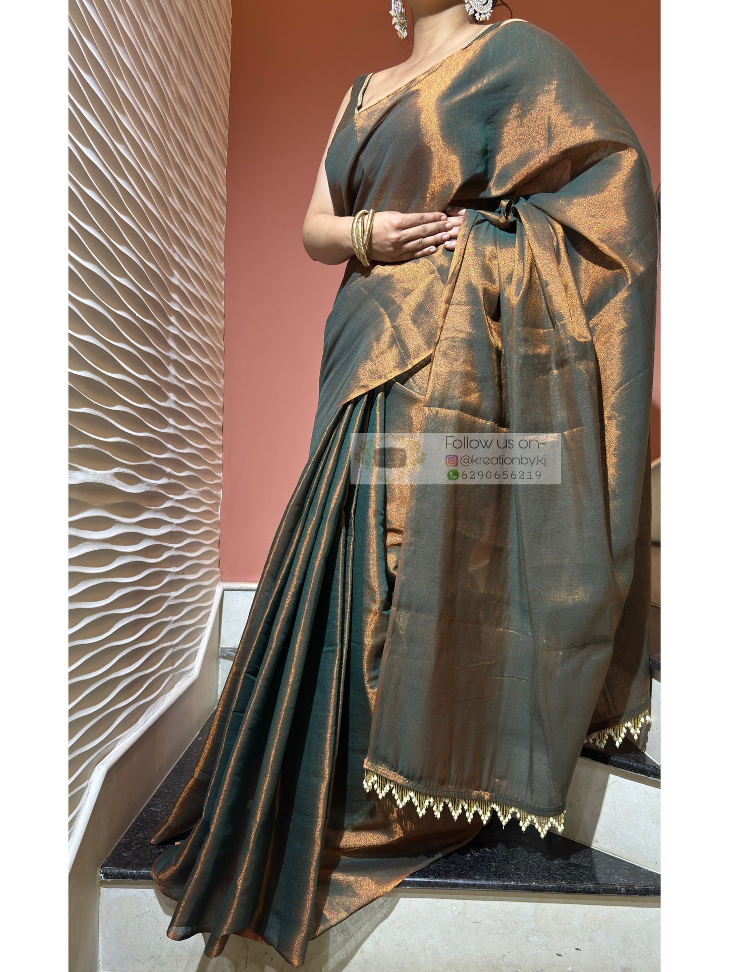 Copper Bronze Cotton Tissue Saree With Tassels in Pallu kreationbykj