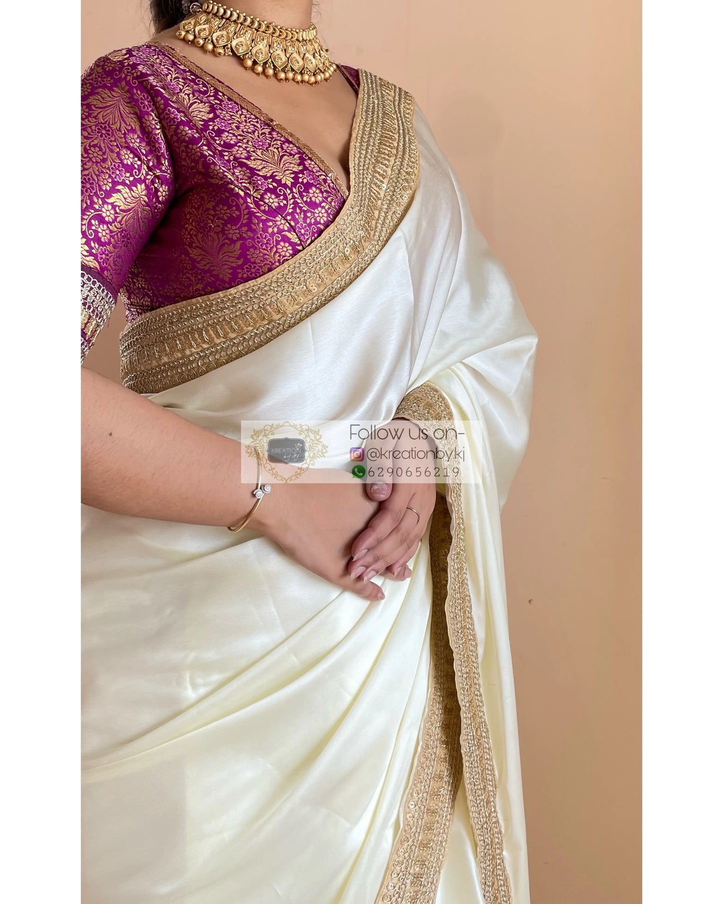 Cream Satin Silk Saree with Beige Border-Agomoni kreationbykj