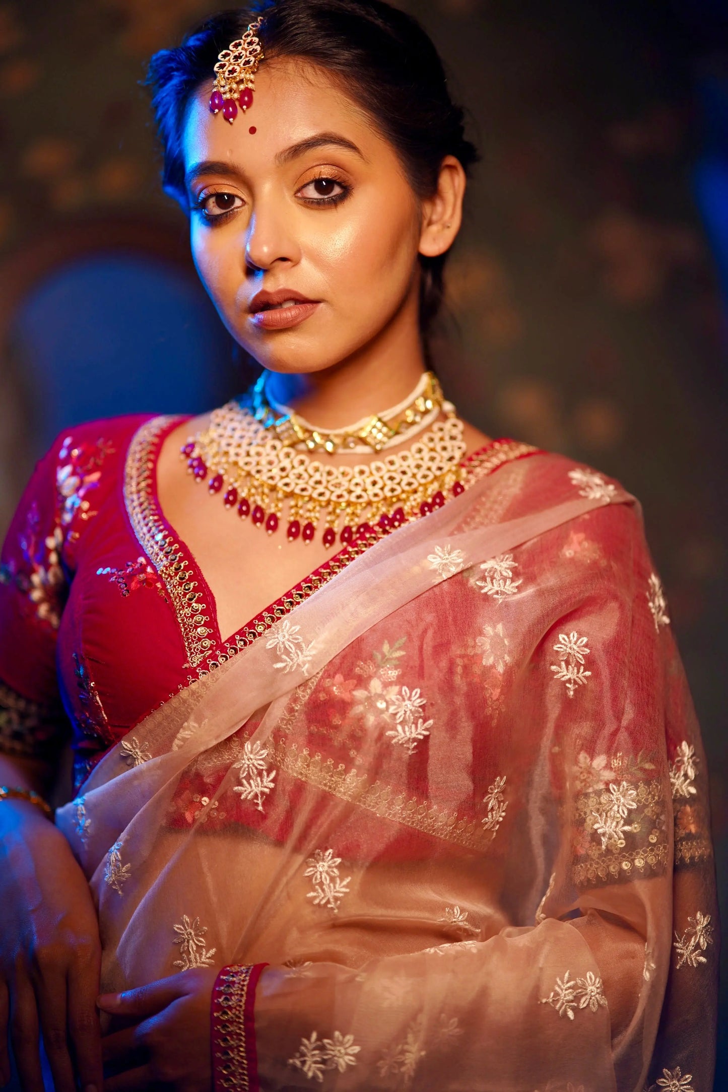 Blush Pink Organza Saree with Rani Pink Border kreationbykj