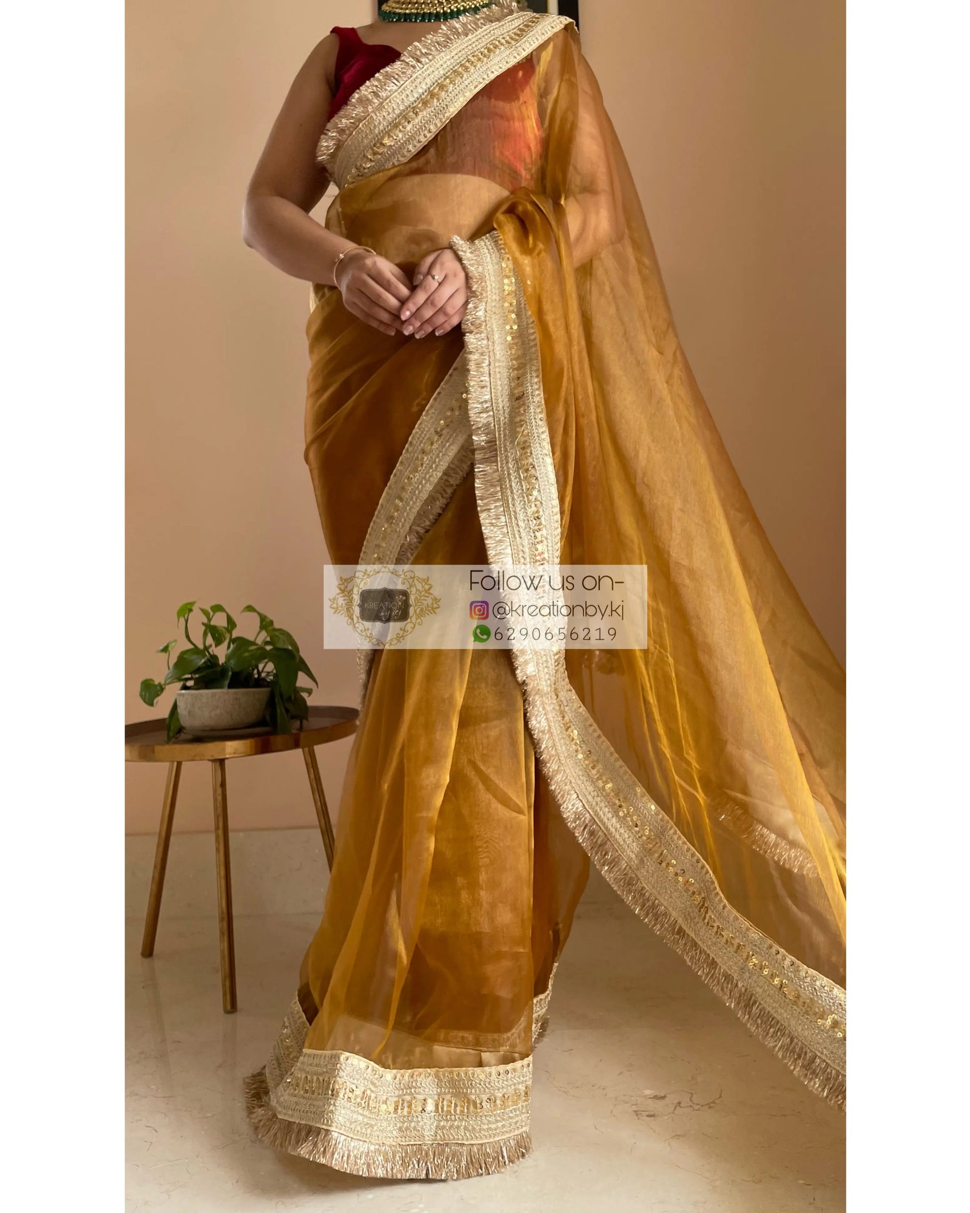 Ochre Glass Tissue Saree Banno Saree kreationbykj