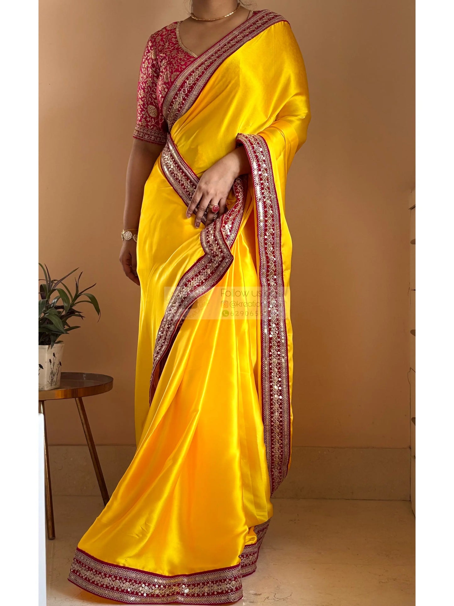 Yellow Satin Silk Saree with Pink Border - kreationbykj