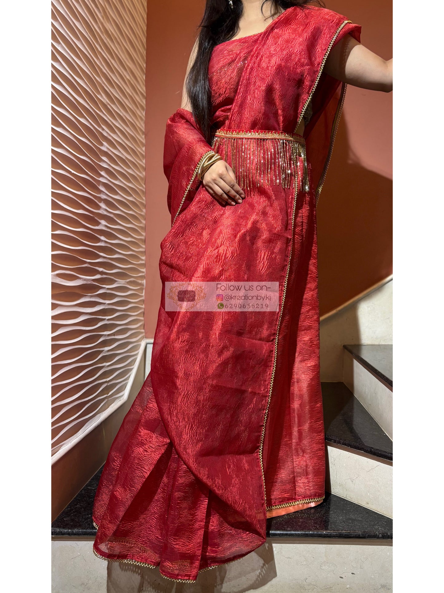 Red Crushed Tissue Saree with Golden Border kreationbykj